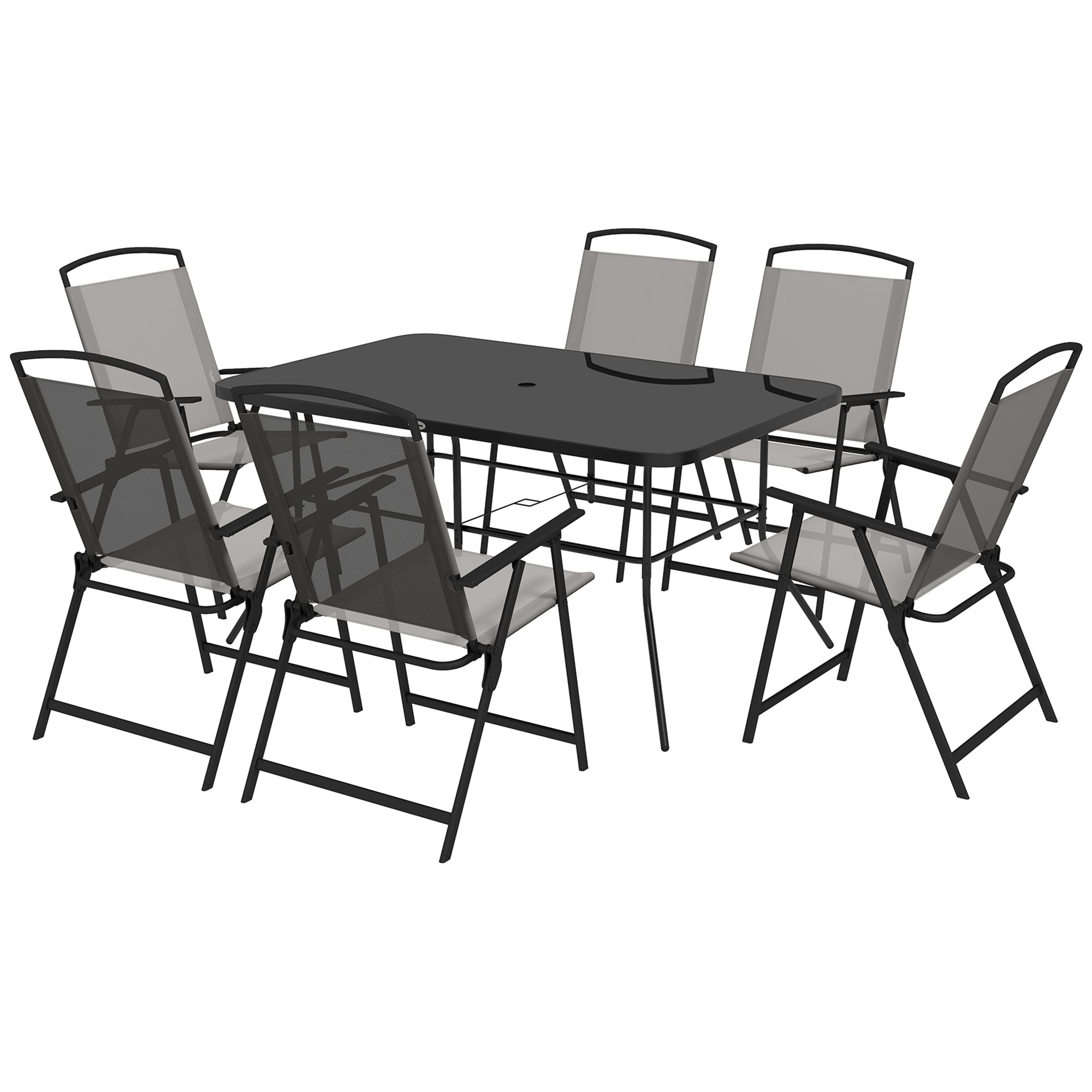 Seven-Piece Garden Dining Set, with Glass-Top Table and Folding Chairs - Grey