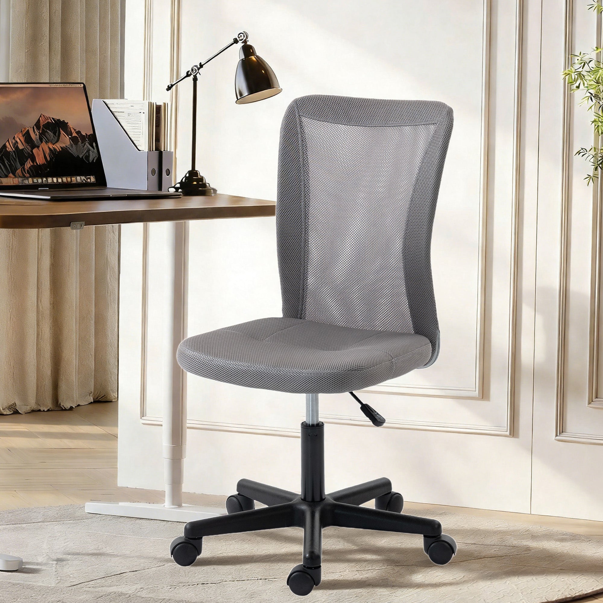 Computer Desk Chair, Mesh Office Chair with Adjustable Height and Swivel Wheels, Armless Study Chair, Grey