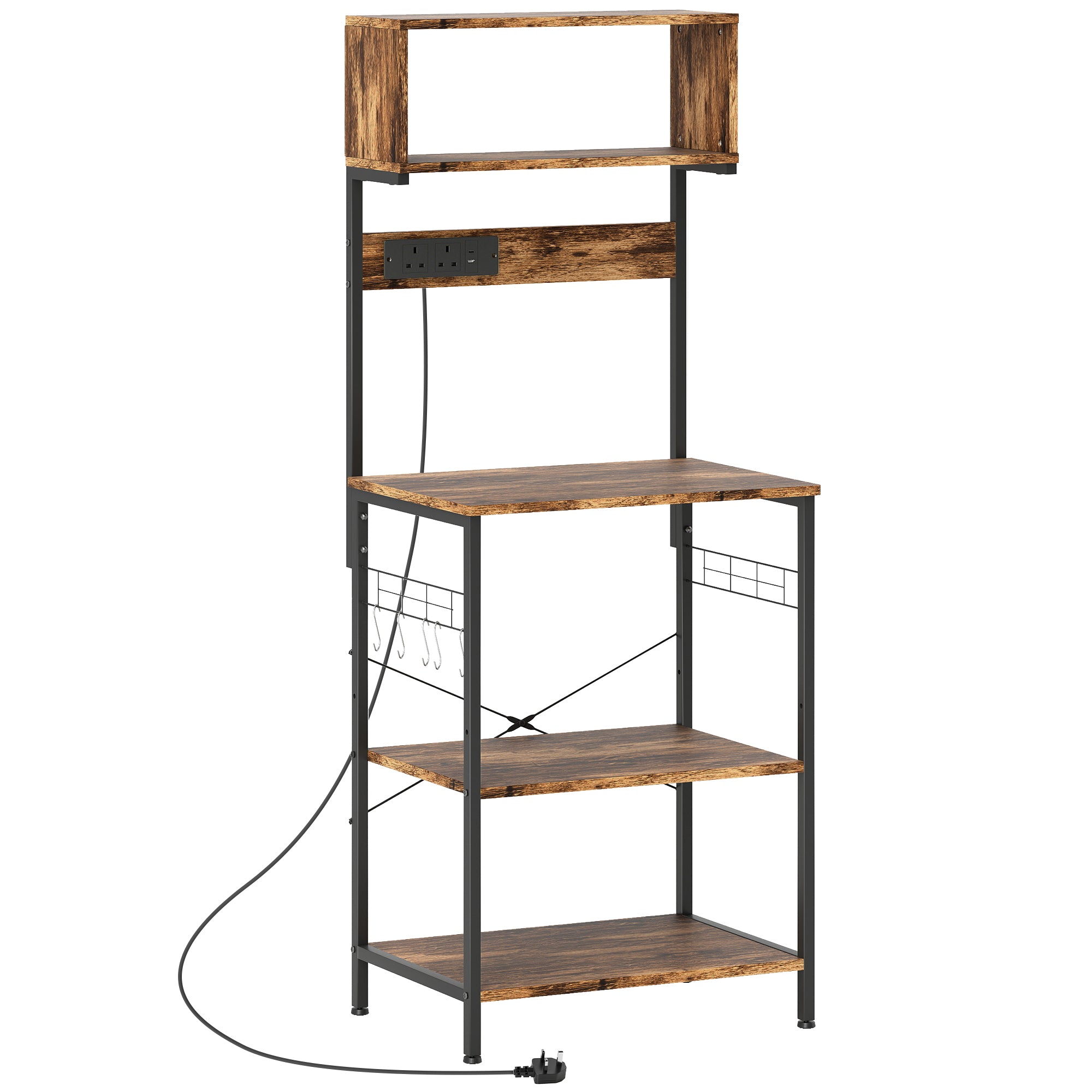 Kitchen Storage Rack, Bakers Rack with Power Outlet, USB Charger, Rustic Brown