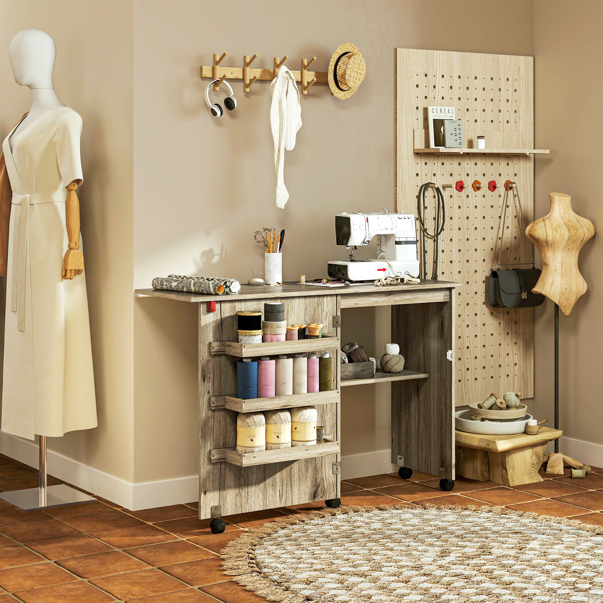 Folding Sewing Table, Drop Leaf Craft Table with Storage Bins, Open Shelf and Wheels, Rolling Sewing Machine Cabinet Computer Desk for Small Space, Grey