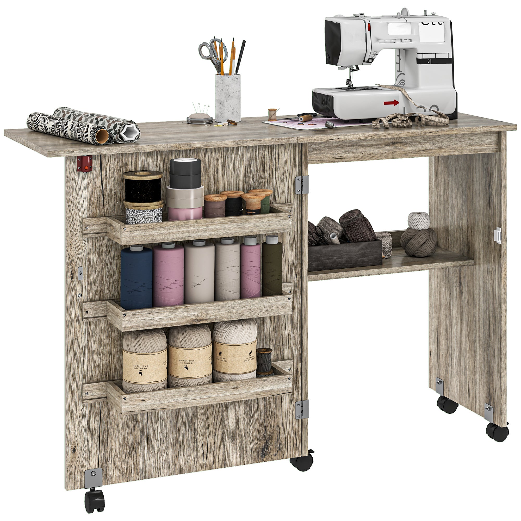 Folding Sewing Table, Drop Leaf Craft Table with Storage Bins, Open Shelf and Wheels, Rolling Sewing Machine Cabinet Computer Desk for Small Space, Grey