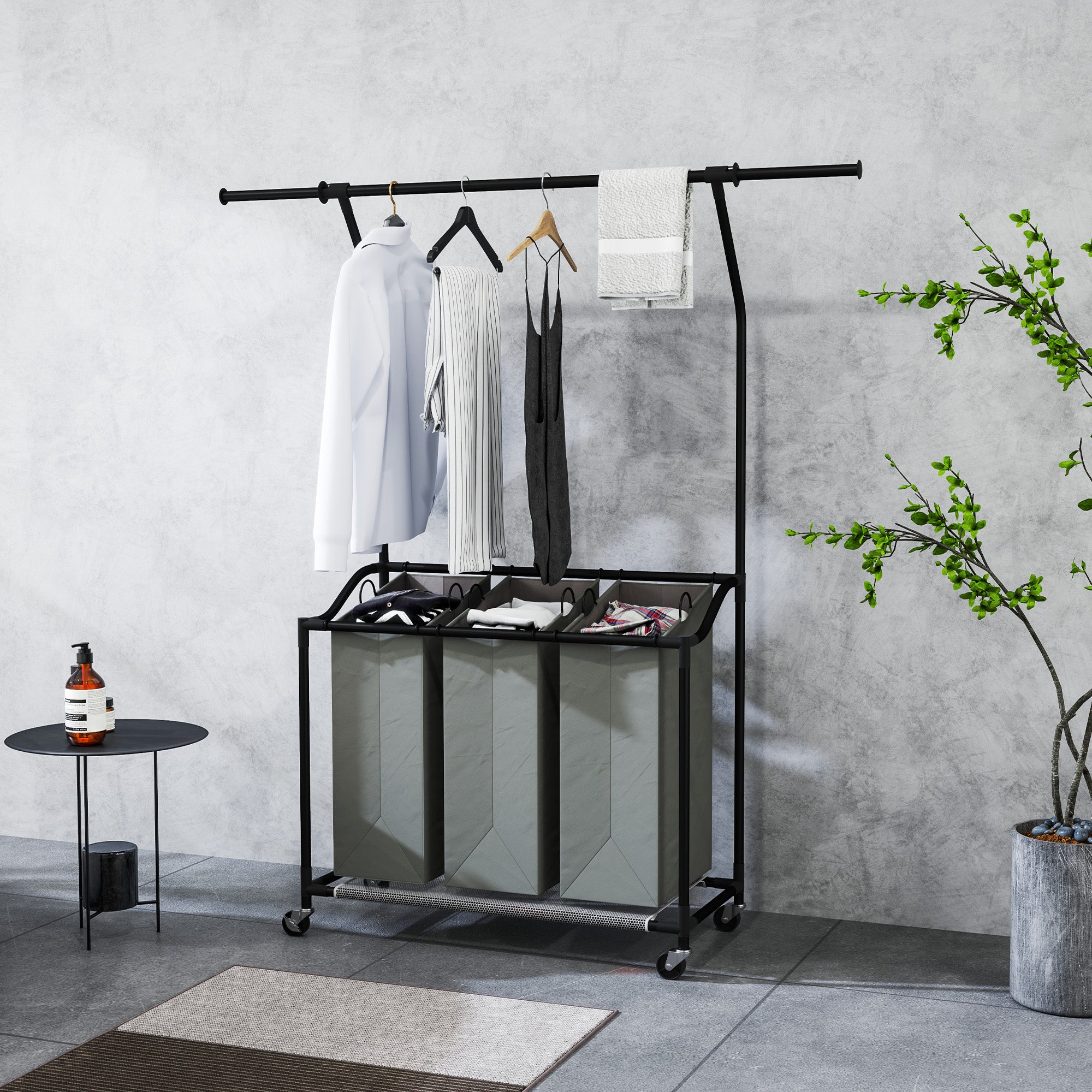 126L Laundry Sorter, Rolling Wash Basket with Hanging Rail and Mobile 3-Bag Organiser for Bedroom, Bathroom, Laundry Room, 88-149.5L x 40W x 167H cm, Dark Grey