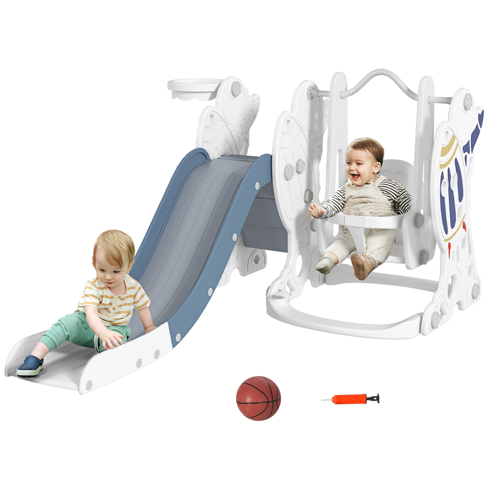 Space-Themed Kids Slide and Swing Set, with Basketball Hoop, Blue