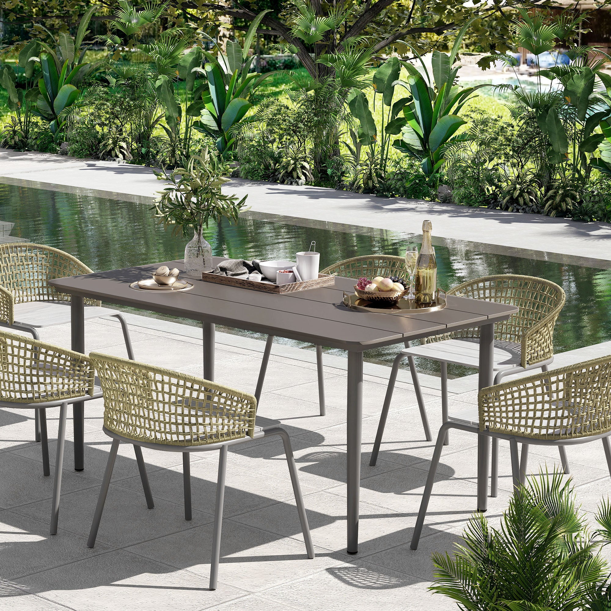 6 Seater Outdoor Dining Table with Rust-Resistant Metal Frame - Dark Grey