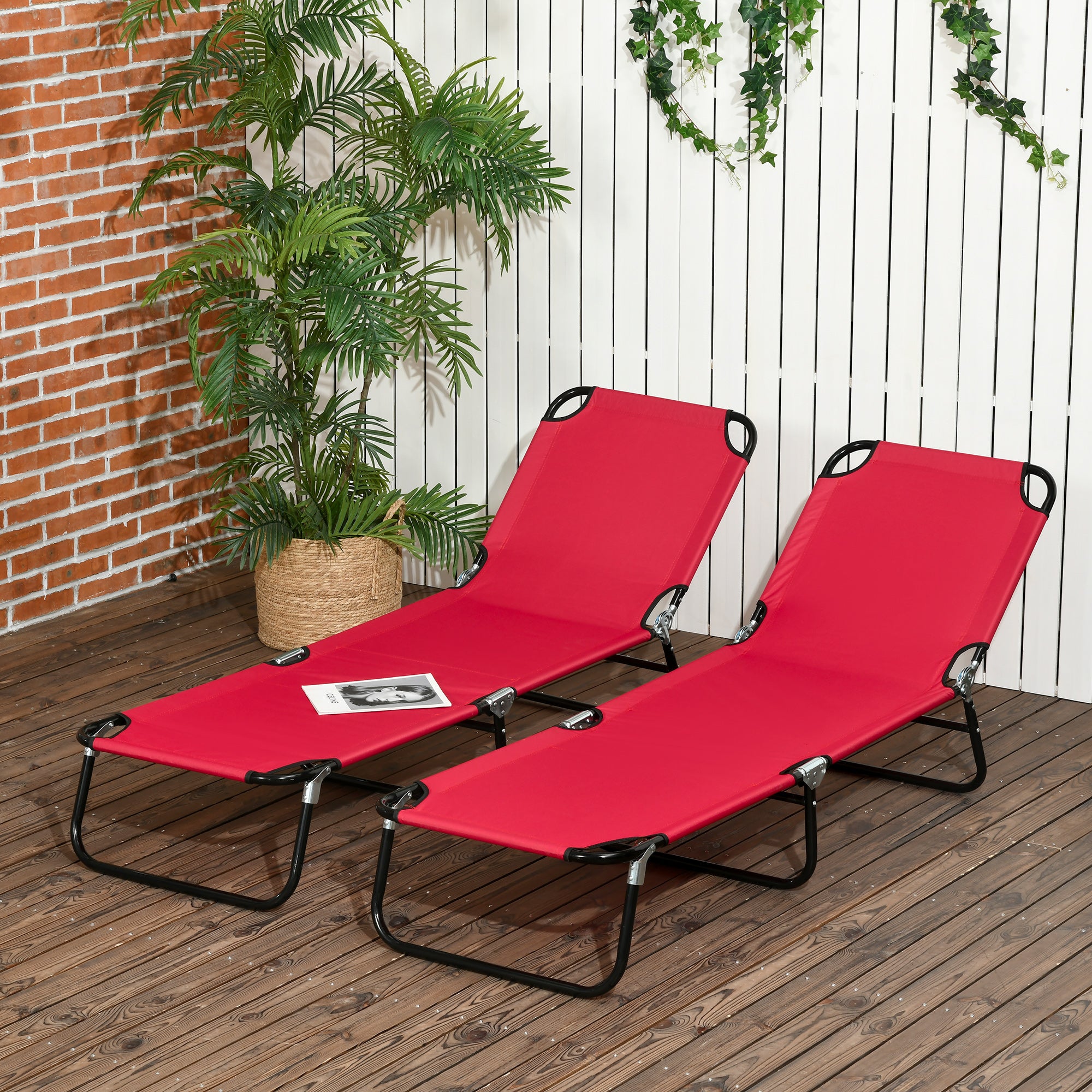 Set of 2 Folding Outdoor Sun Loungers with 5-Position Adjustable Backrest - Wine Red
