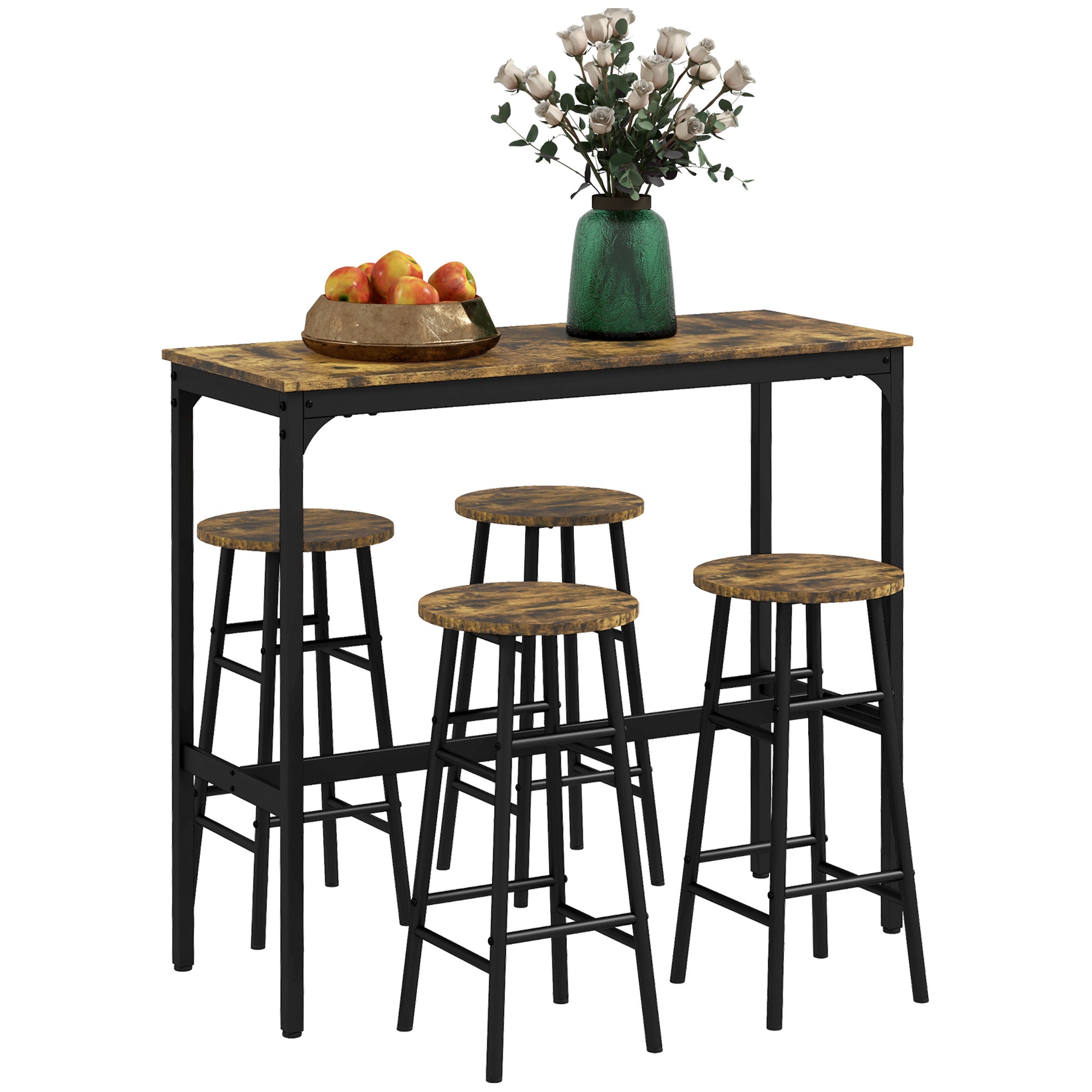 5 Piece Bar Table Set with 4 Stools, Industrial Bar Table and Stool Set, Dining Table and Chair Set, Rustic Brown