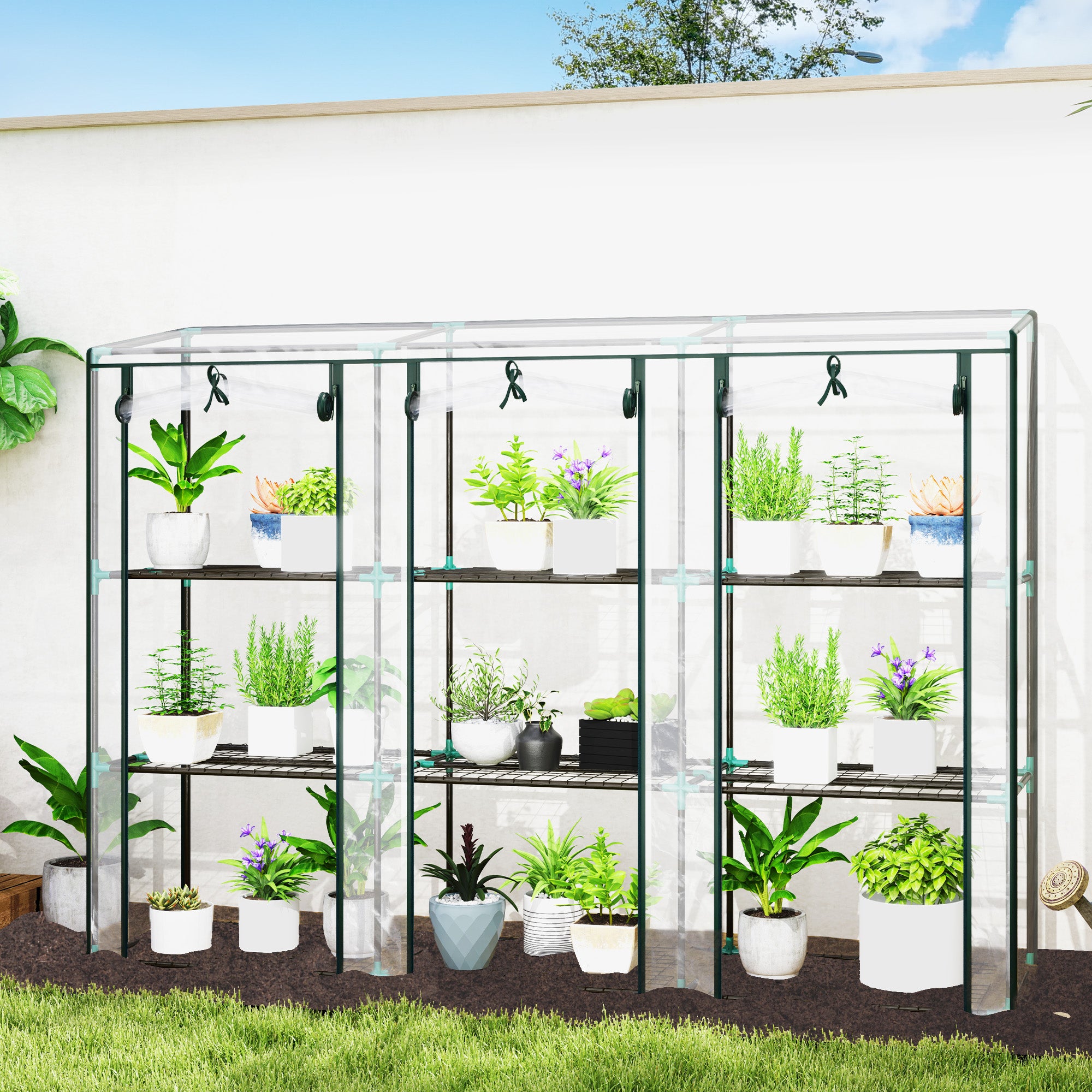 3 Tier Plastic Greenhouse with Roll-Up Doors and Shelves - Green