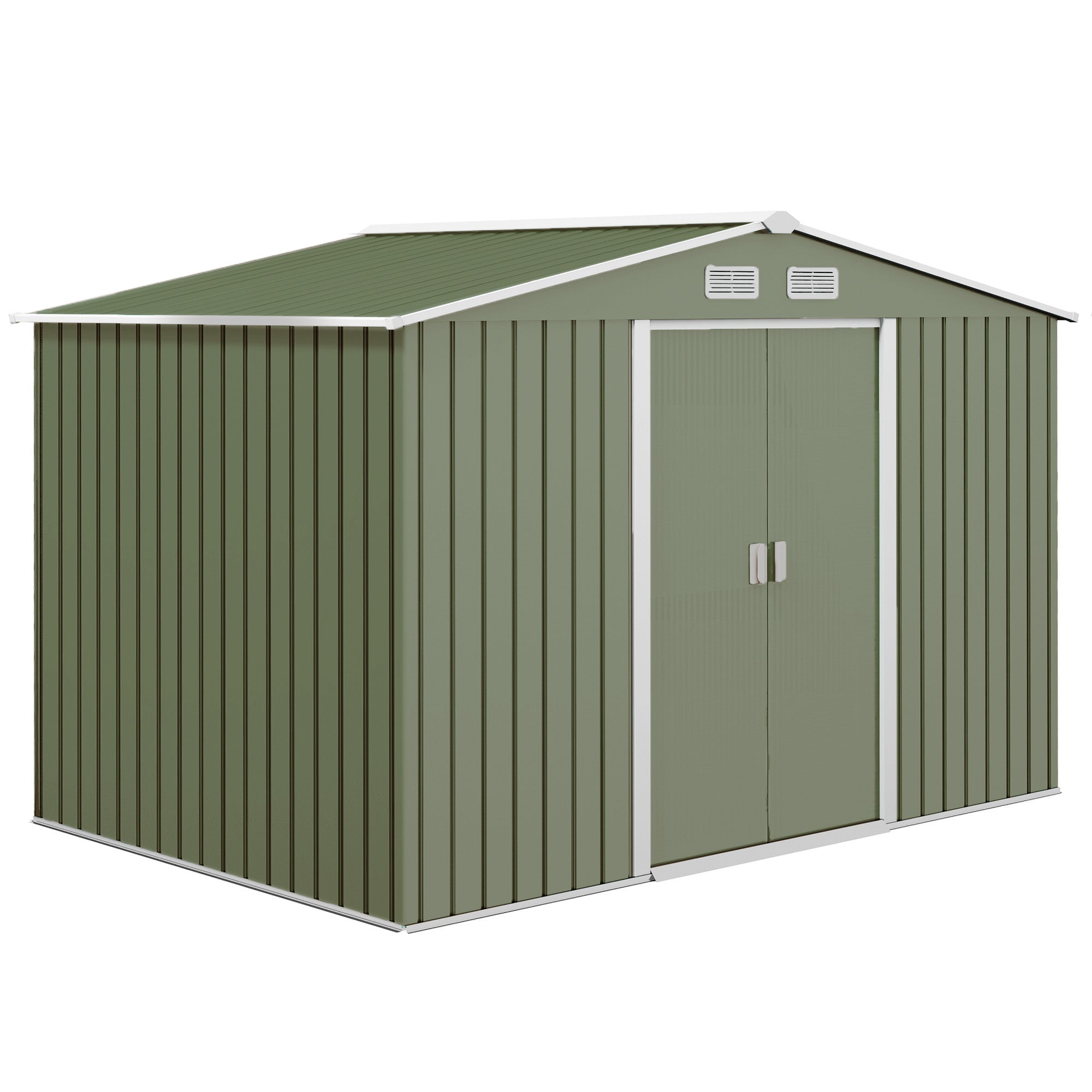 9 x 6ft Metal Garden Shed, Outdoor Storage Tool House with Ventilation Slots, Foundation Kit and Lockable Double Doors, Light Green