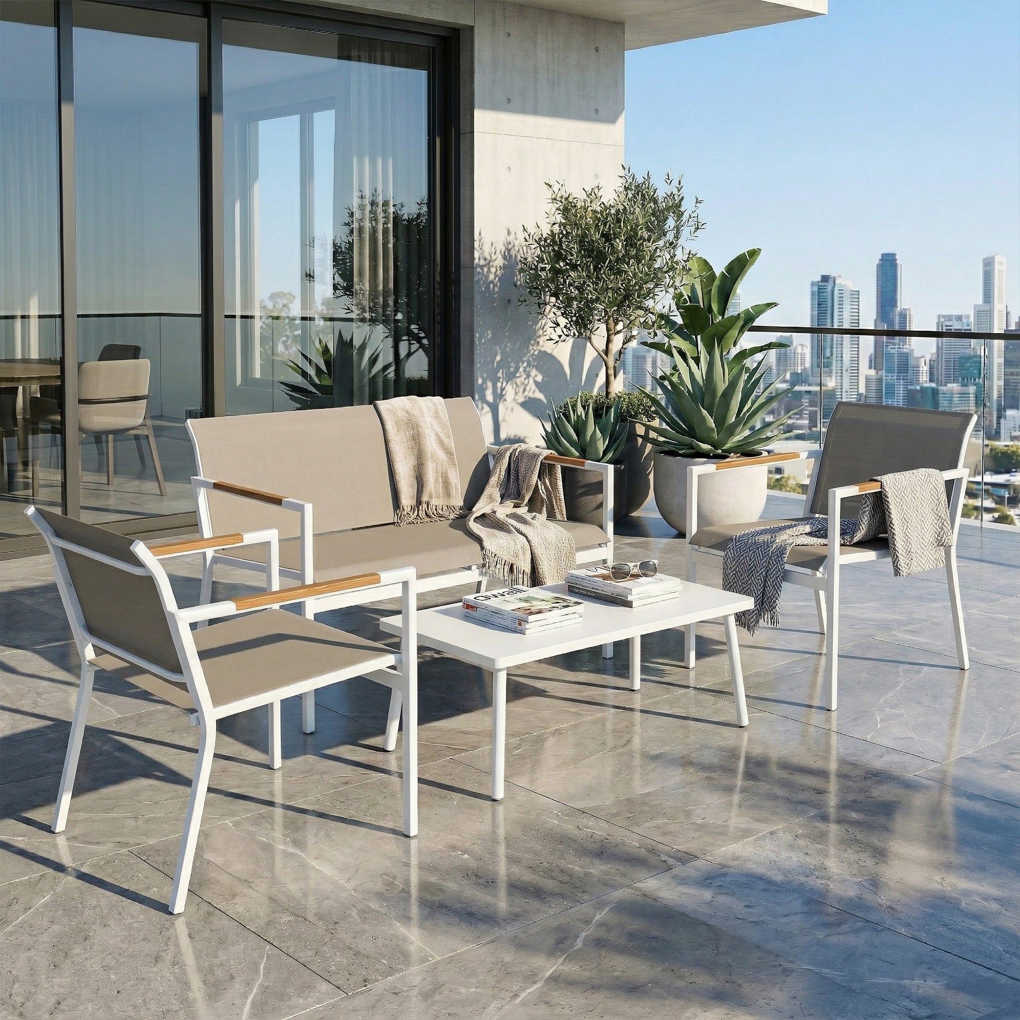4 Seater Garden Furniture Set with Loveseat, Armchairs, Table, Metal Garden Sofa Set with Breathable Seats, Khaki