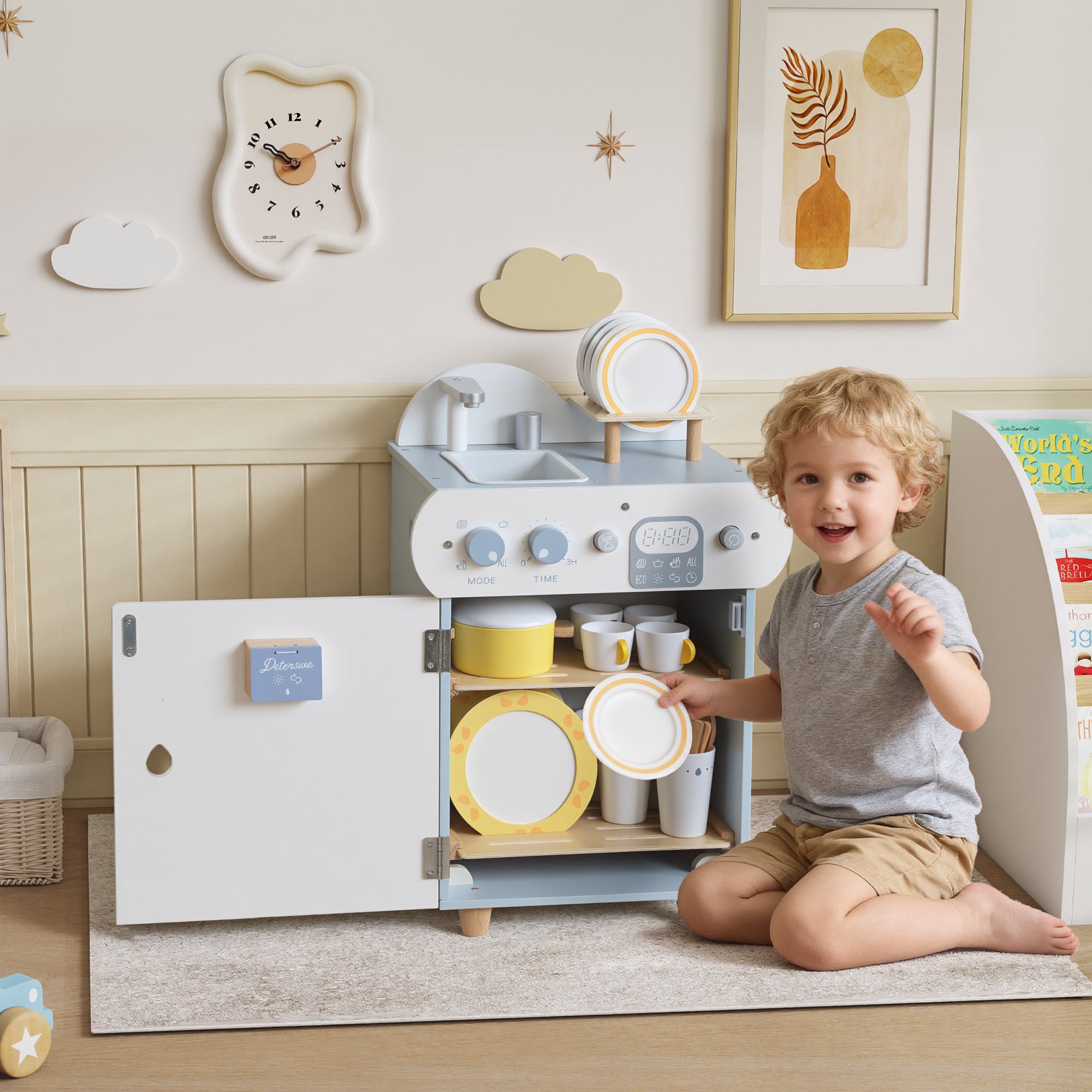 Wooden Dishwasher Playset, Kitchen Sink Toys with Faucet, Sink and Accessories, Gift for Boys Girls Toddlers