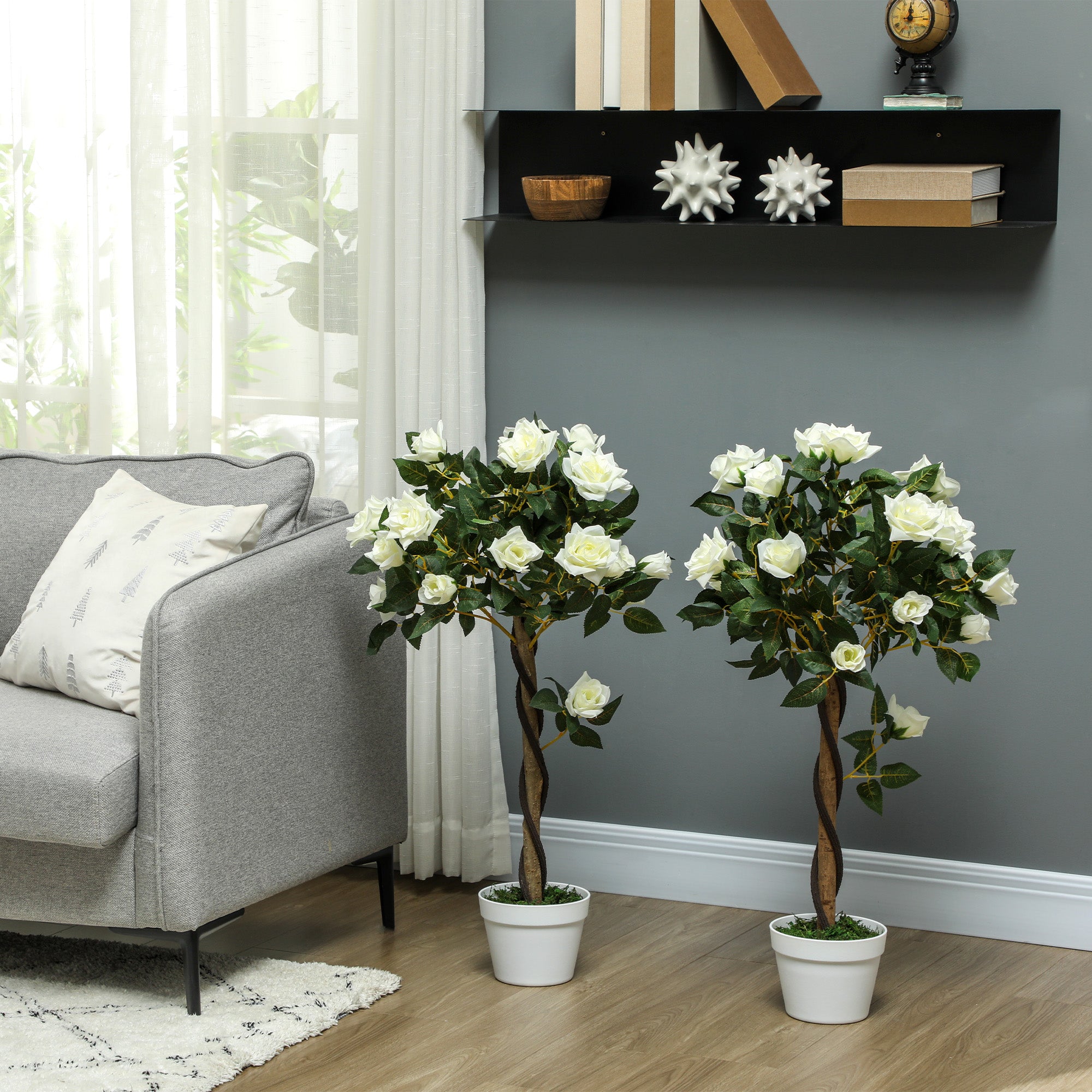 Set of Two Faux Rose Trees with Cement Pot - White