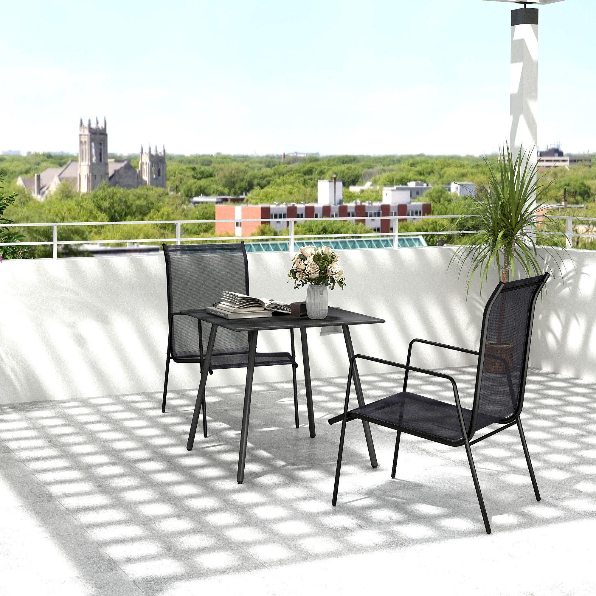 4 Seater Steel Frame Garden Table with Slat Top - Black