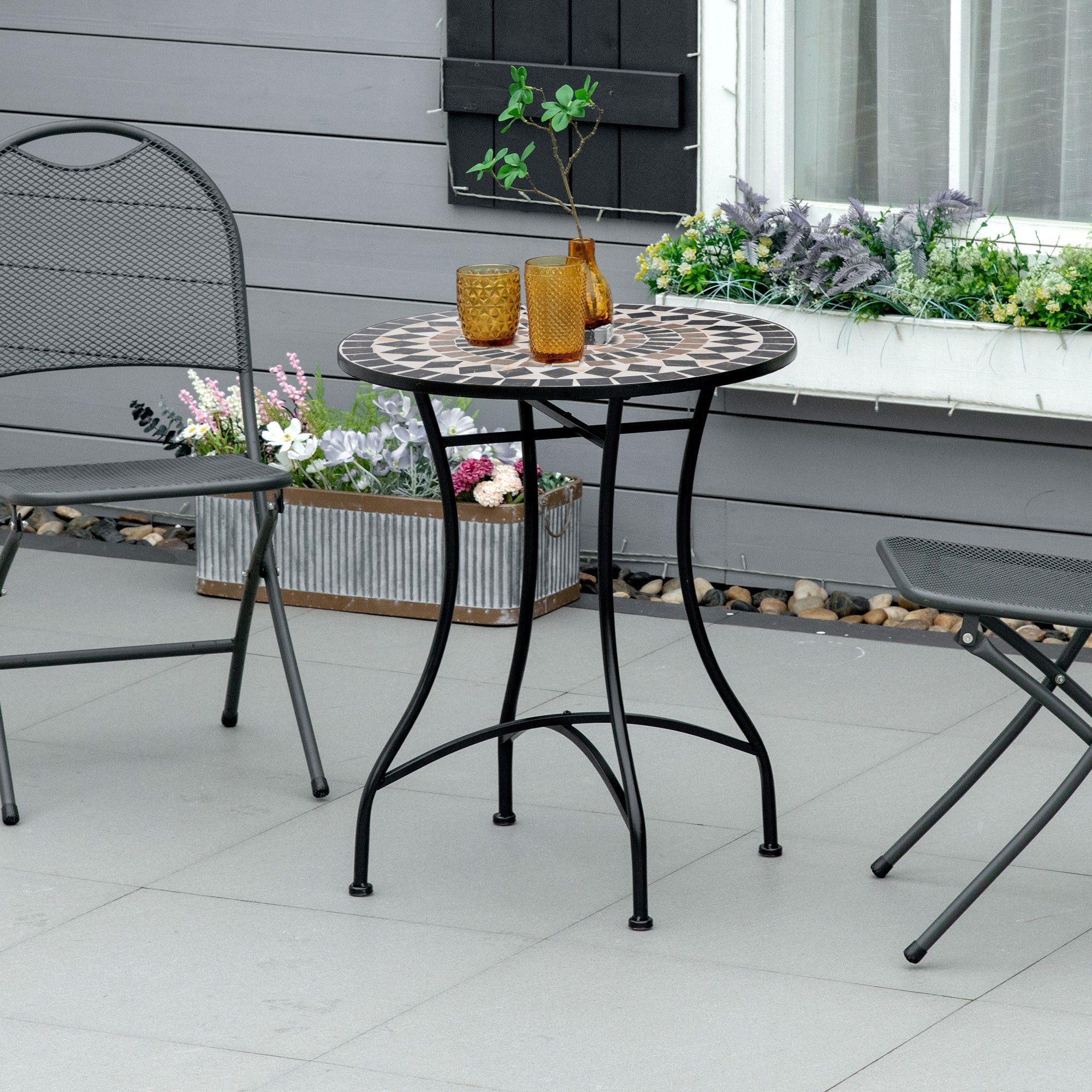 Φ60cm Mosaic Outdoor Patio Table with Ceramic Top - Black