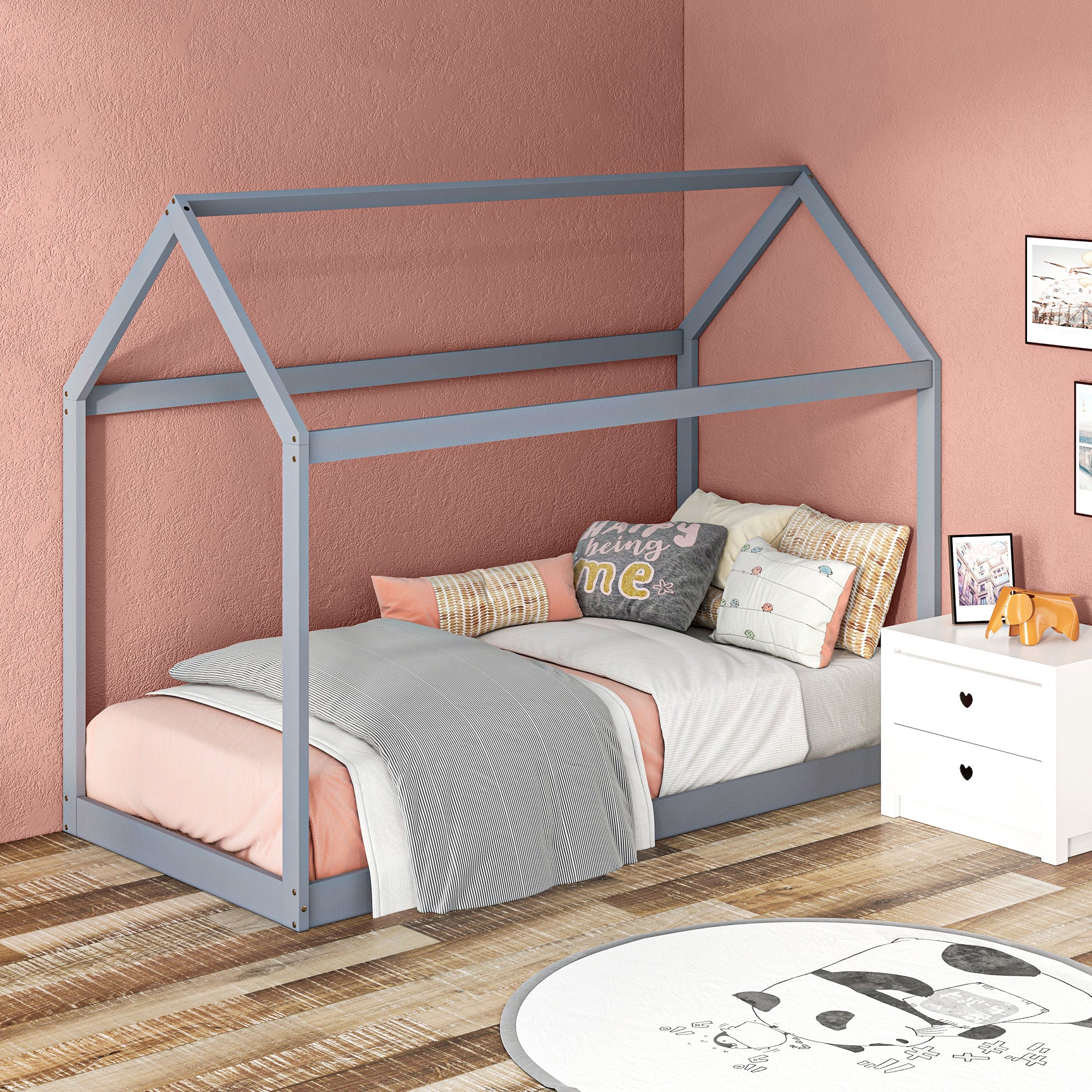 Single House-Shaped Wooden Bed Frame for 90 x 190 cm Mattress - Grey
