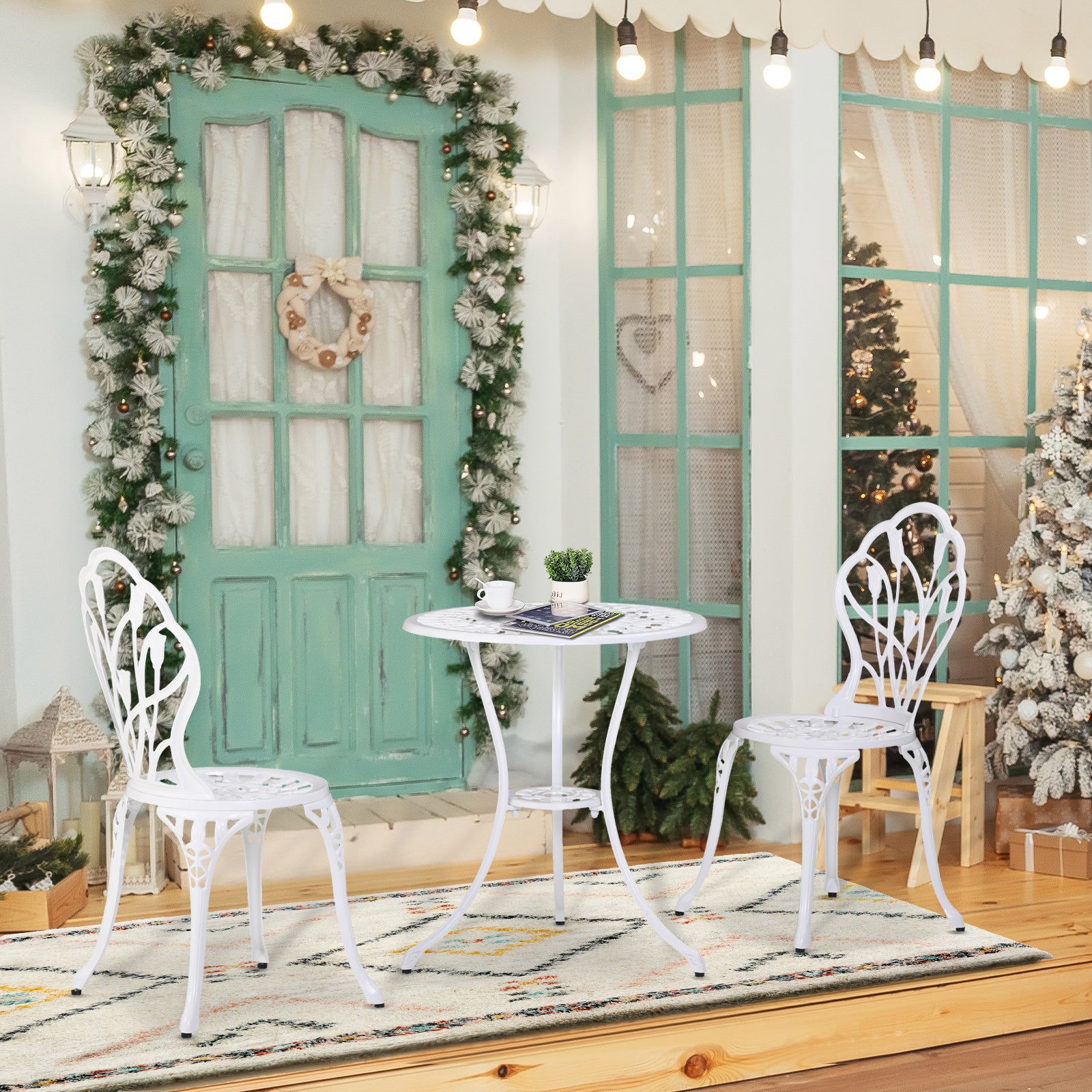3 Piece Aluminium Patio Bistro Set with Umbrella Hole - White