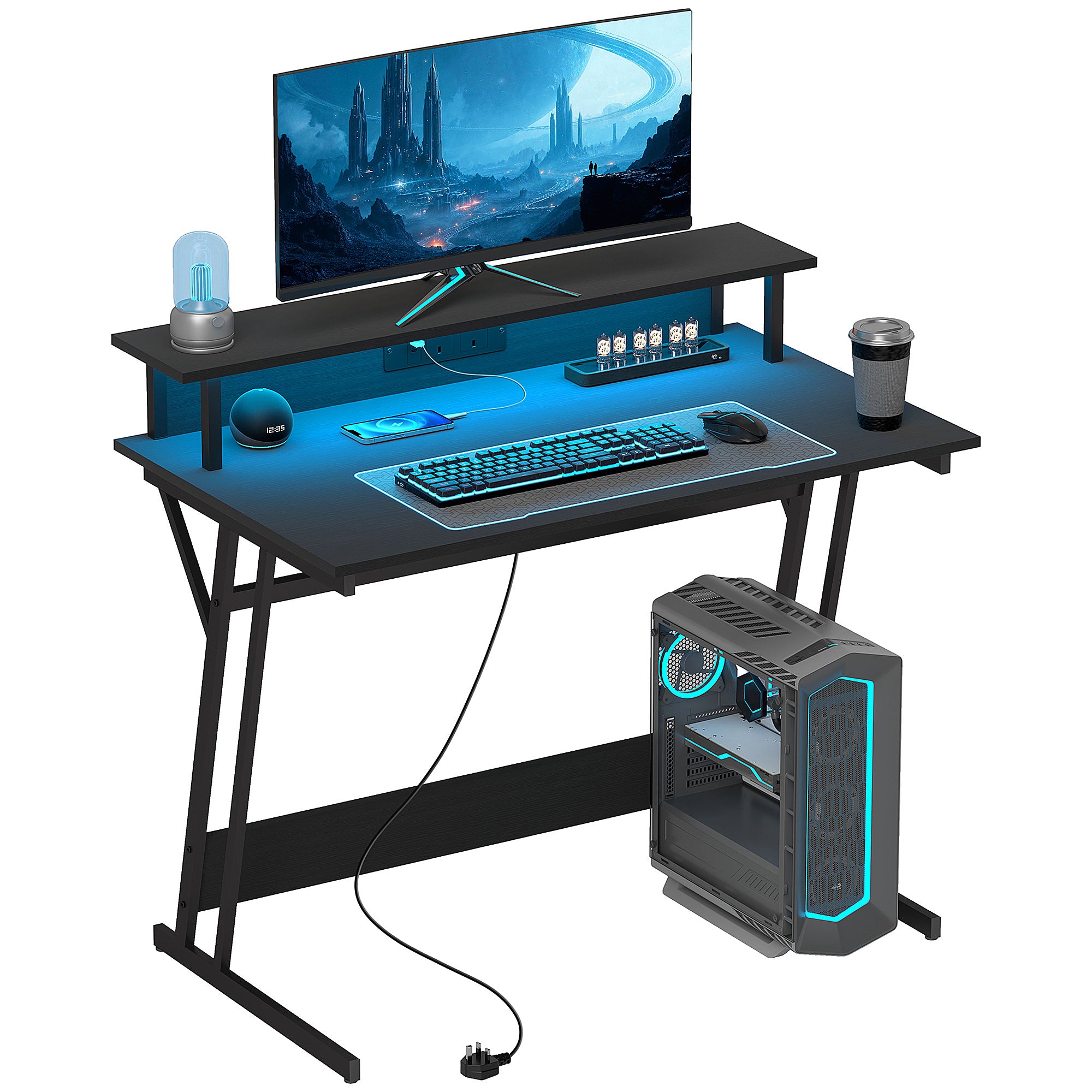 Gaming Desk with LED Lights and Power Outlets, 100 x 60cm Z Shaped Computer Desk with Monitor Stand and Steel Frame, PC Gaming Table for Home Office, Black