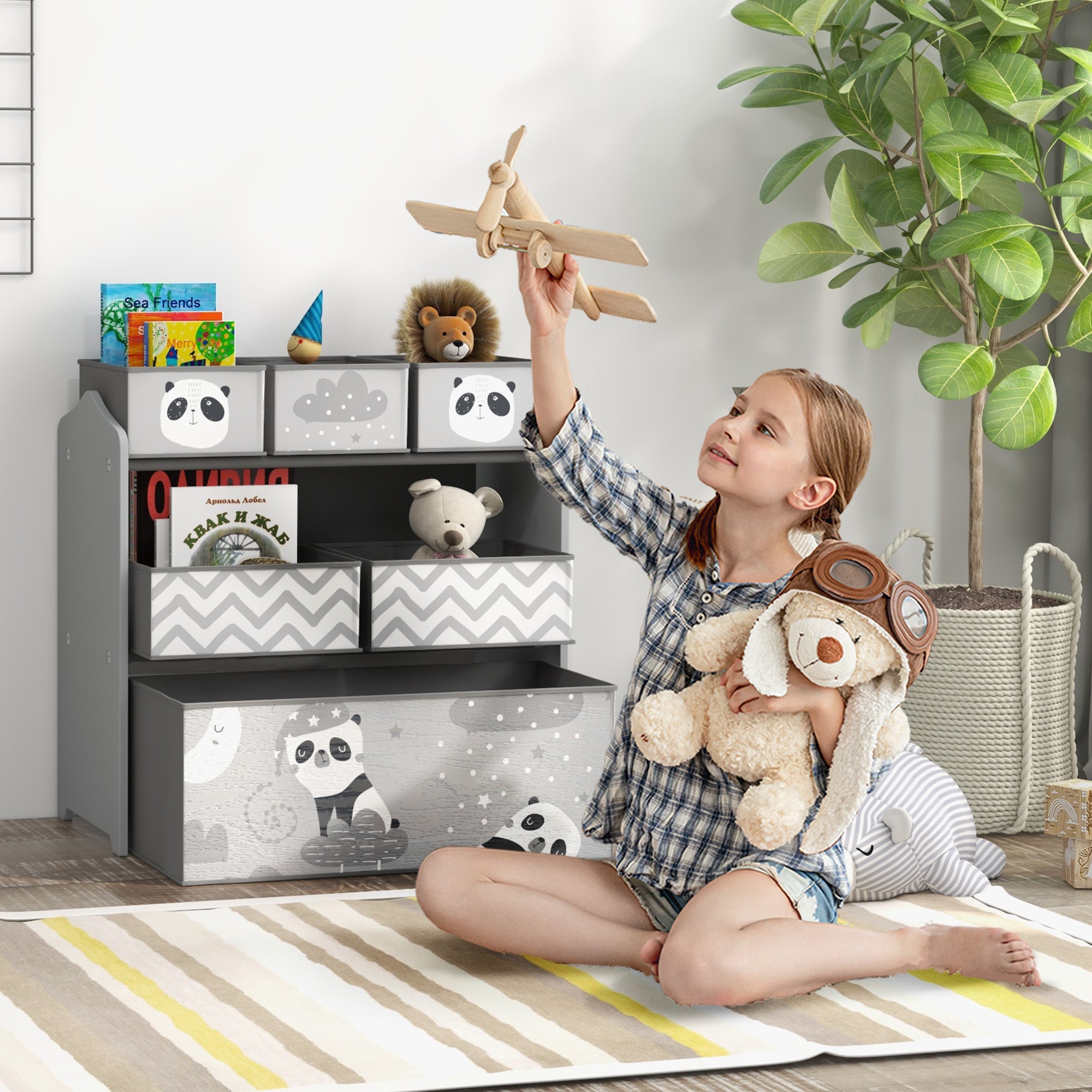 6 Piece Kids Storage Unit with Fabric Bins Organiser - Grey