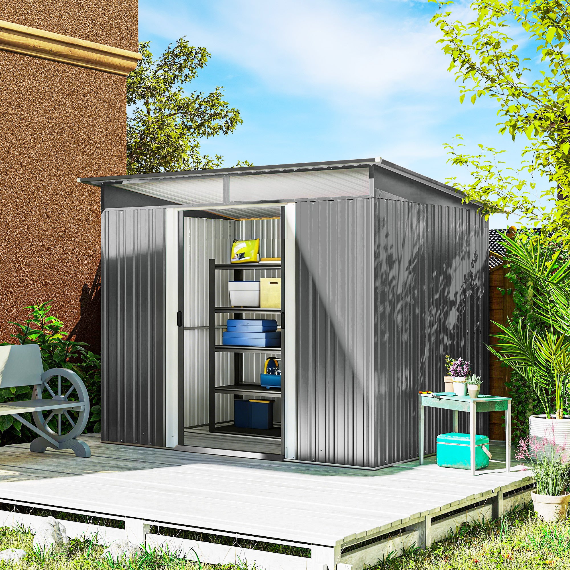 9ft x 6.5ft Garden Storage Shed with Top Window, Metal Outdoor Shed Tool House with Double Doors, Light Grey