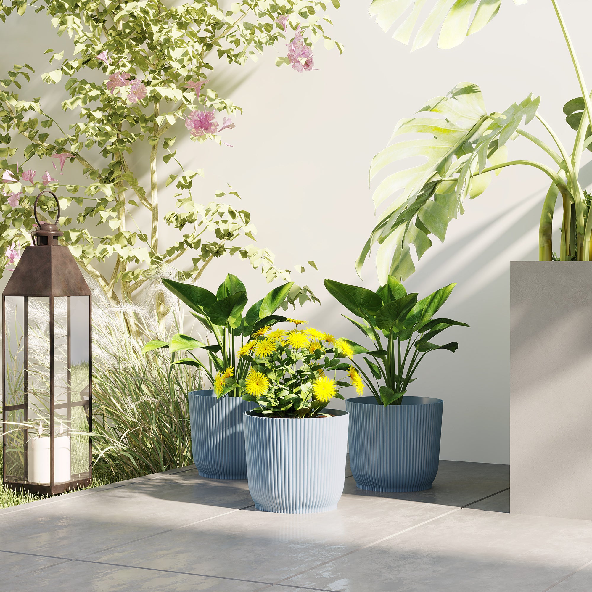 Set of 3 Durable Plastic Planters with Textured Design - Blue