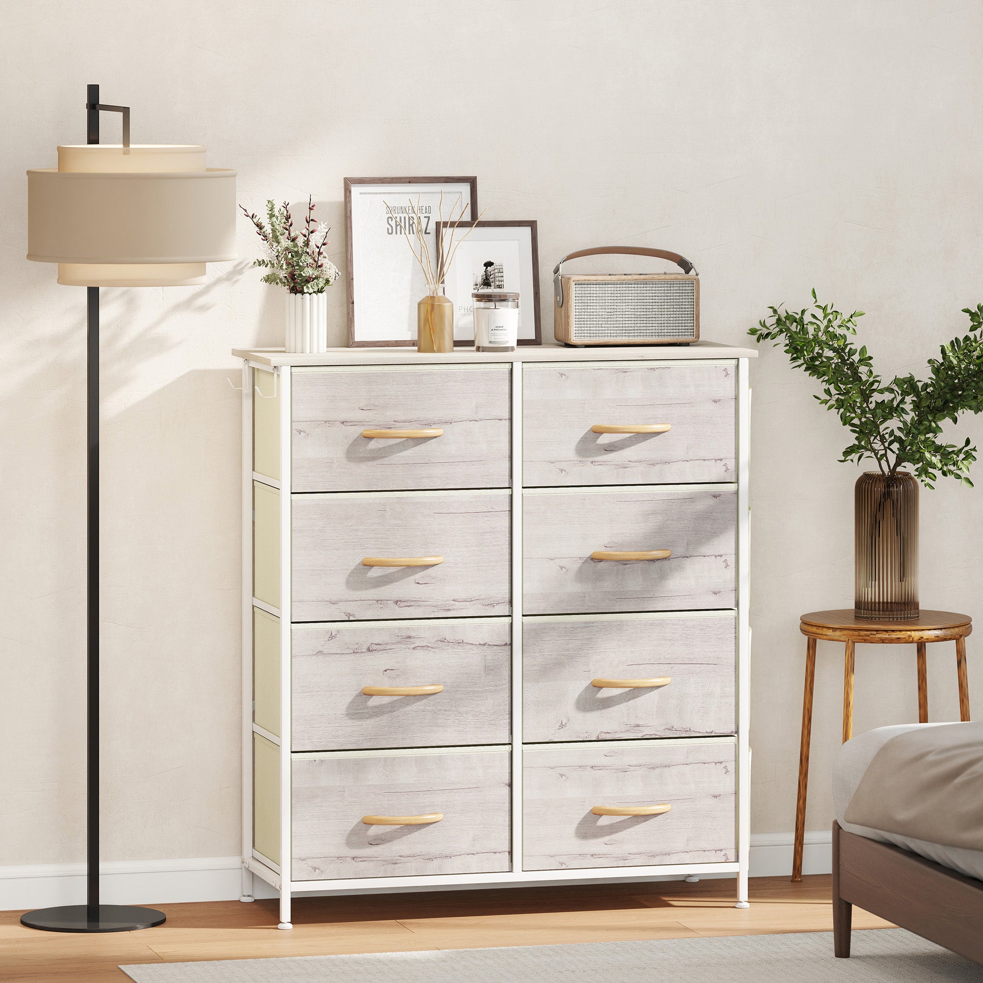 Chest of Eight Fabric Drawers - Natural Wood Finish