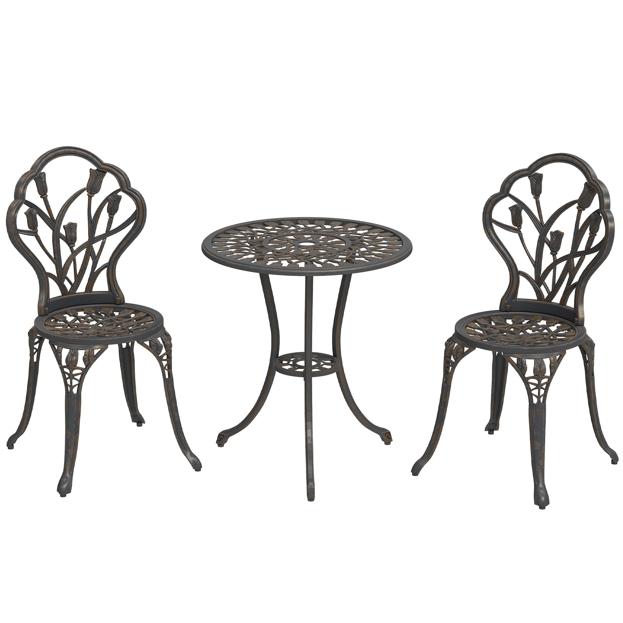 3 Piece Aluminium Patio Bistro Set with Umbrella Hole - Bronze Tone