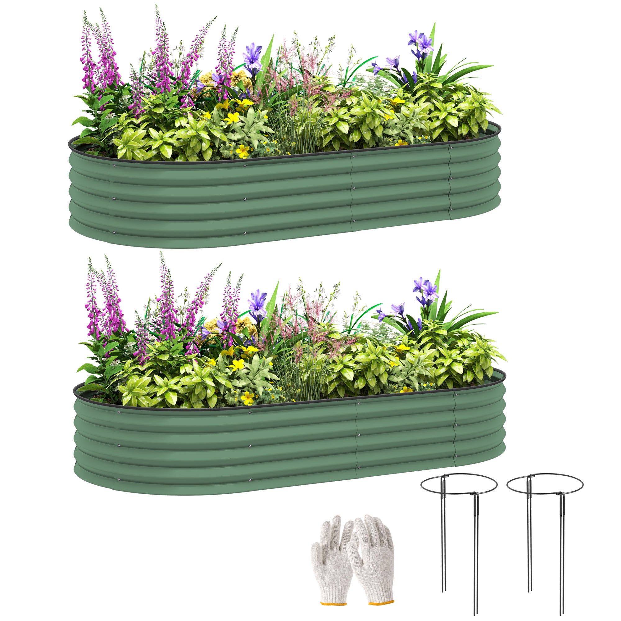 Set of 2 Galvanised Steel Raised Garden Planters - Green
