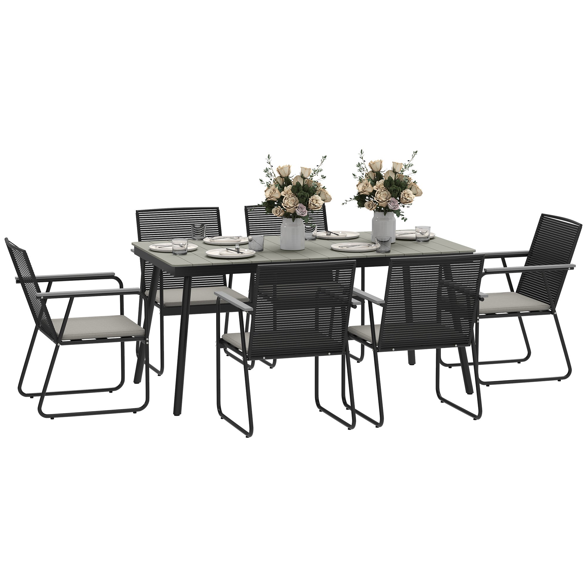 6 Seater Garden Dining Set with Weatherproof Table and Soft Cushions - Grey