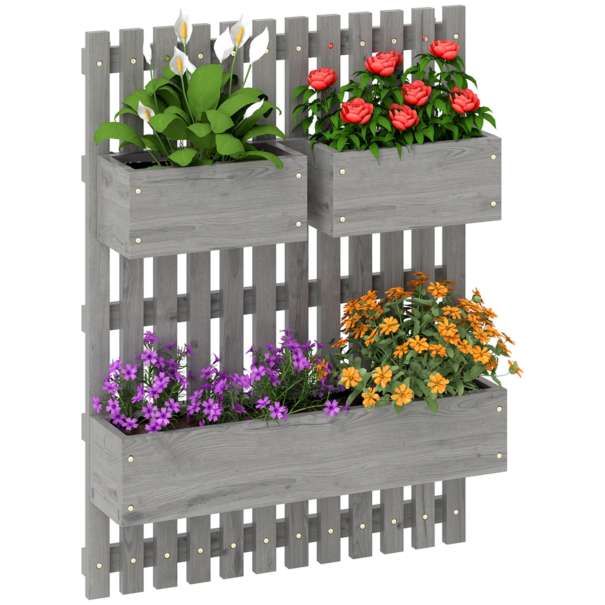 Set of 3 Wooden Wall-Mounted Garden Planters with Trellis Grey