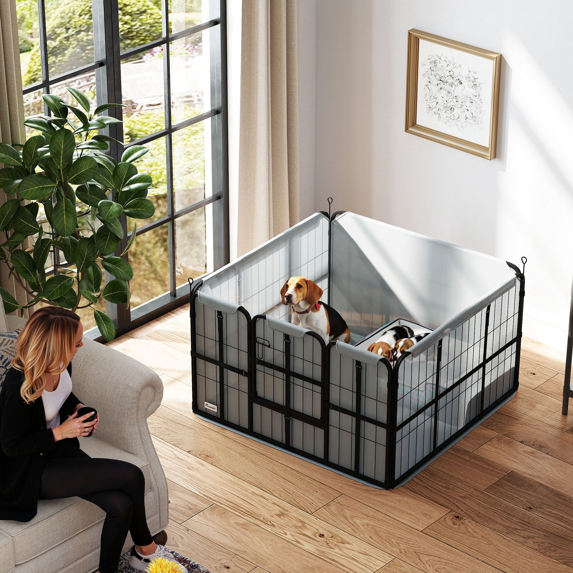 Steel Dog Whelping Box with Washable Pad and Windproof Cloth for Small & Medium Dogs 102x102x60cm - Black