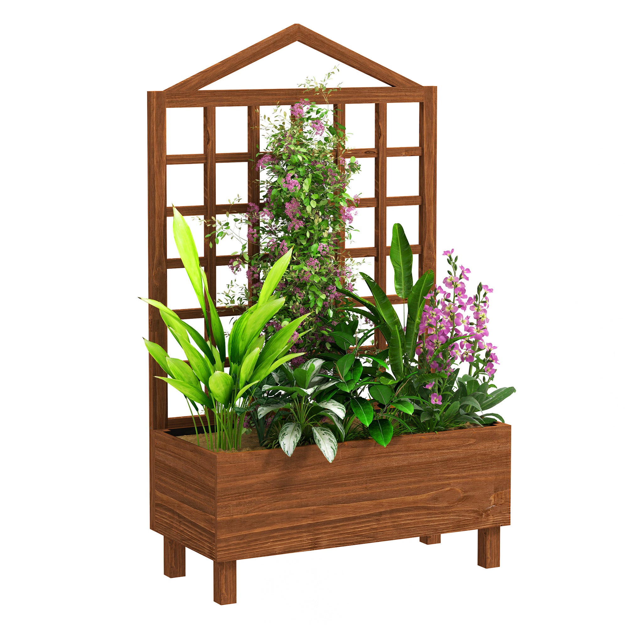 Garden Planters with Trellis for Vine Climbing, Distressed Wooden Raised Beds, 90x43x150cm, Brown
