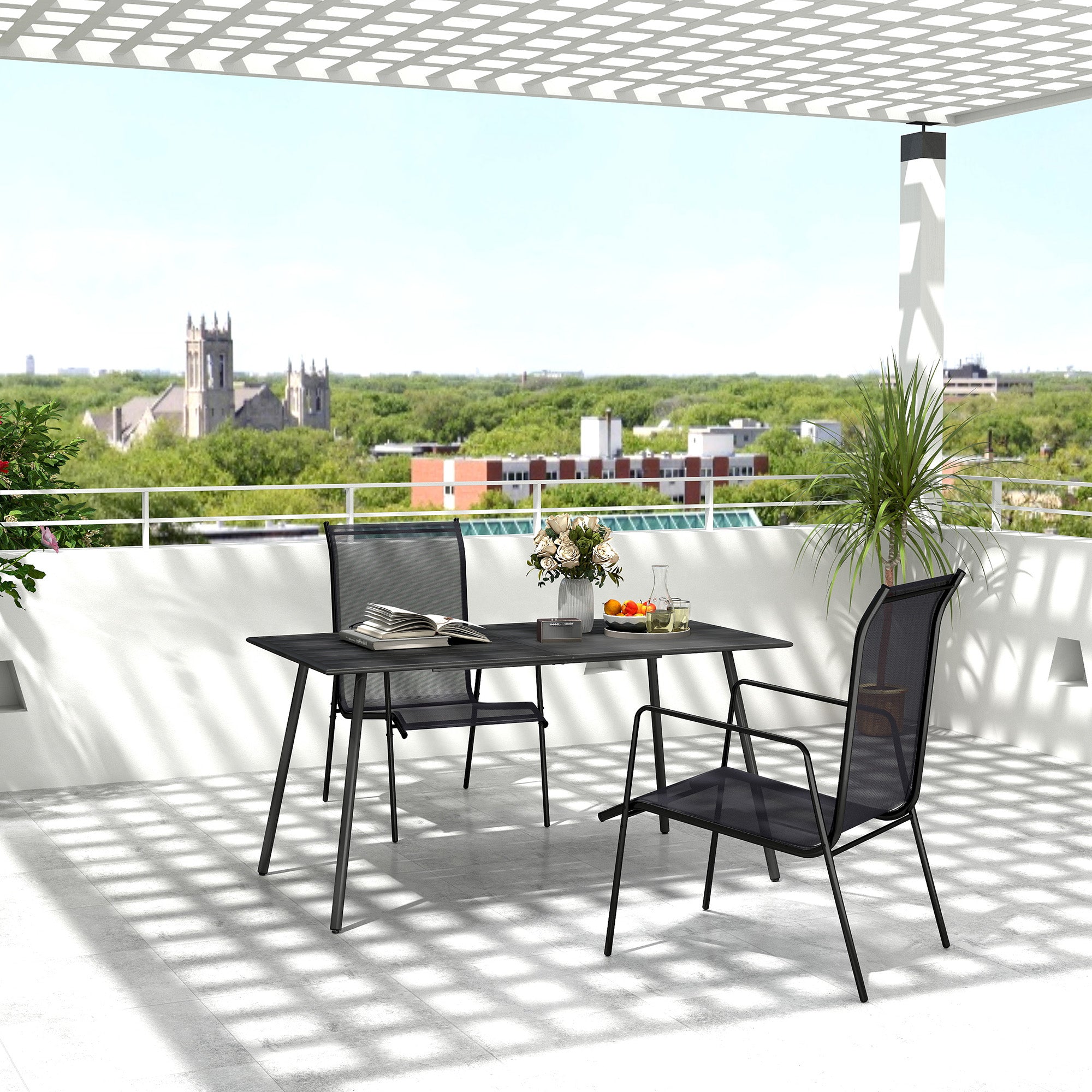 6 Seater Rectangle Garden Table with Slat Top Steel Frame - Black