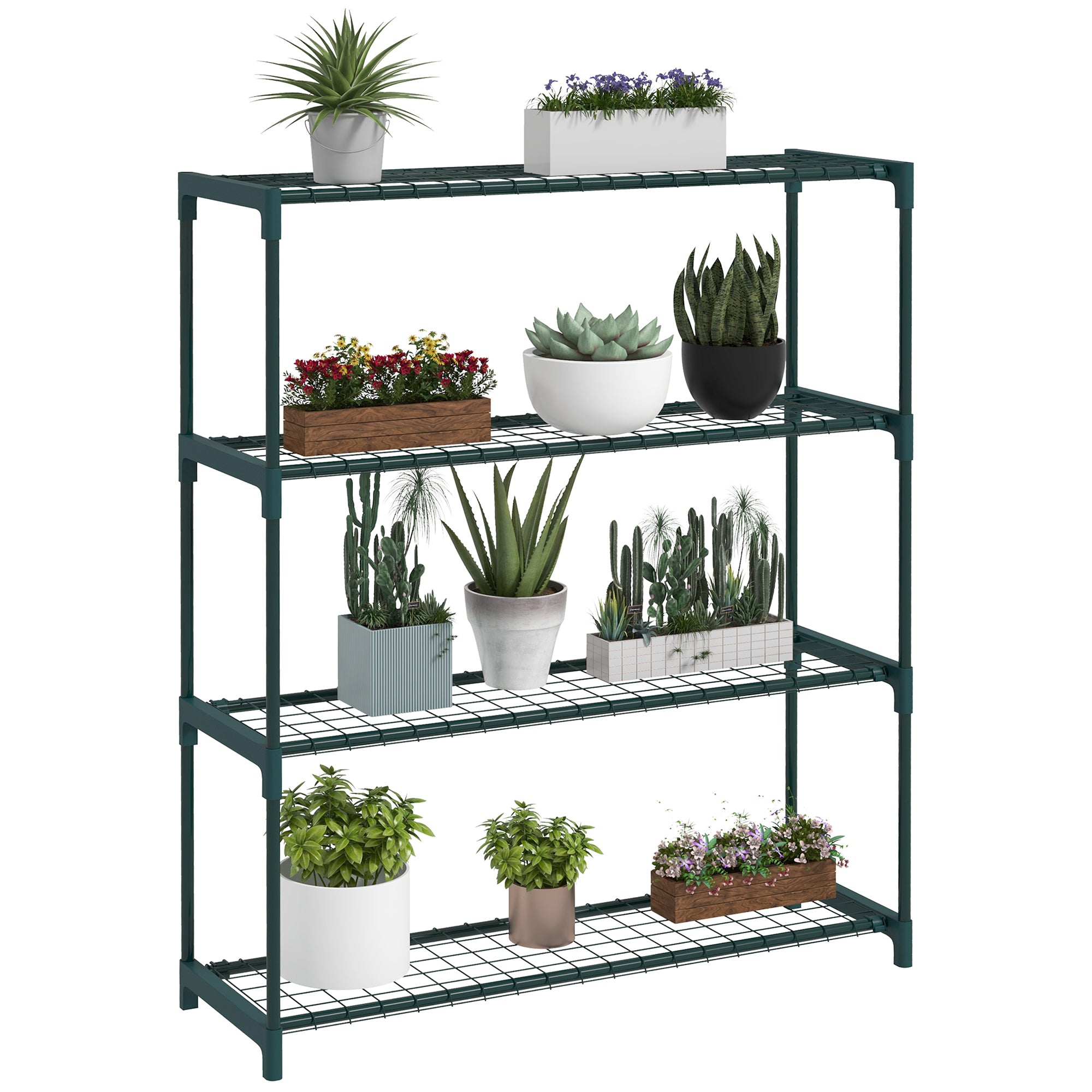 Four-Tier Steel Plant Shelf with Grid Shelves - Black