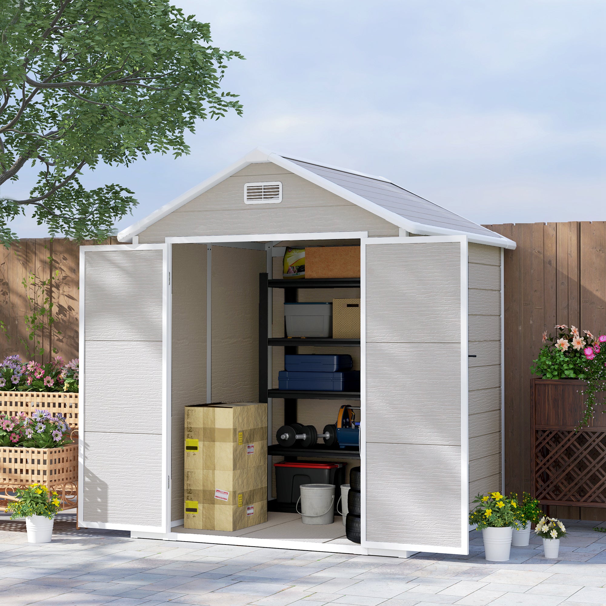 6 x 5ft Wood Effect Resin Garden Shed with Floor and Lockable Doors - Light Grey