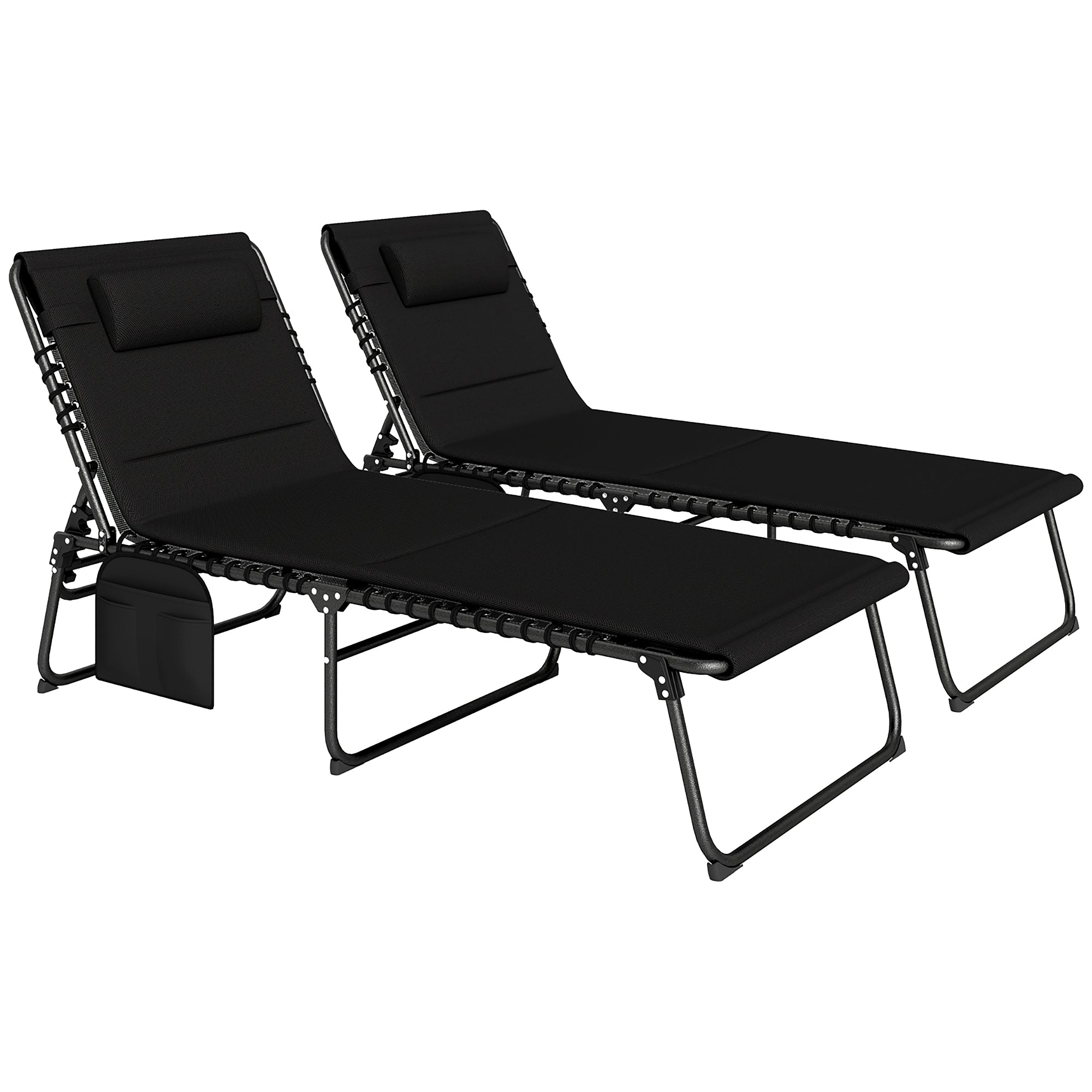 Set of 2 Folding Recliner Sun Loungers with Quick Drying Pad & Side Pocket - Black