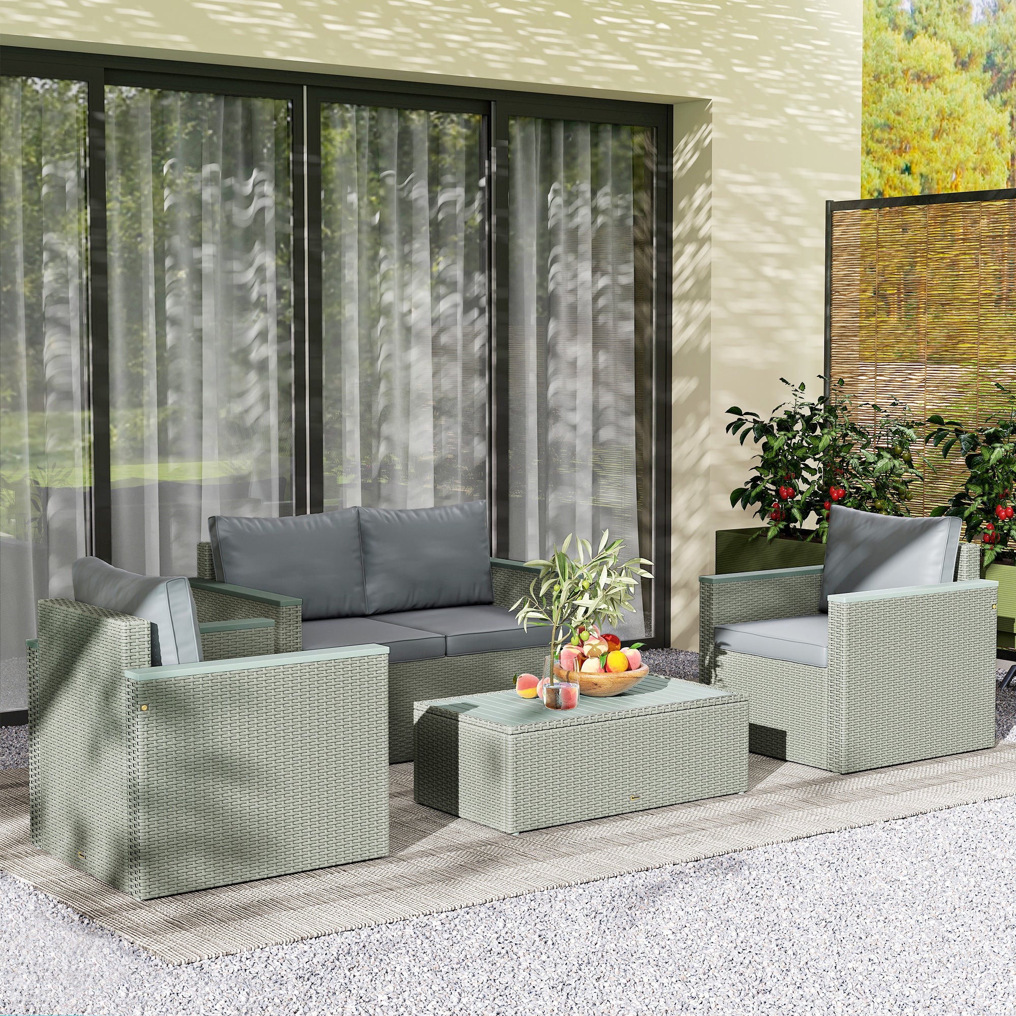 Four-Piece Rattan Sofa Set, with Wood-Top Table