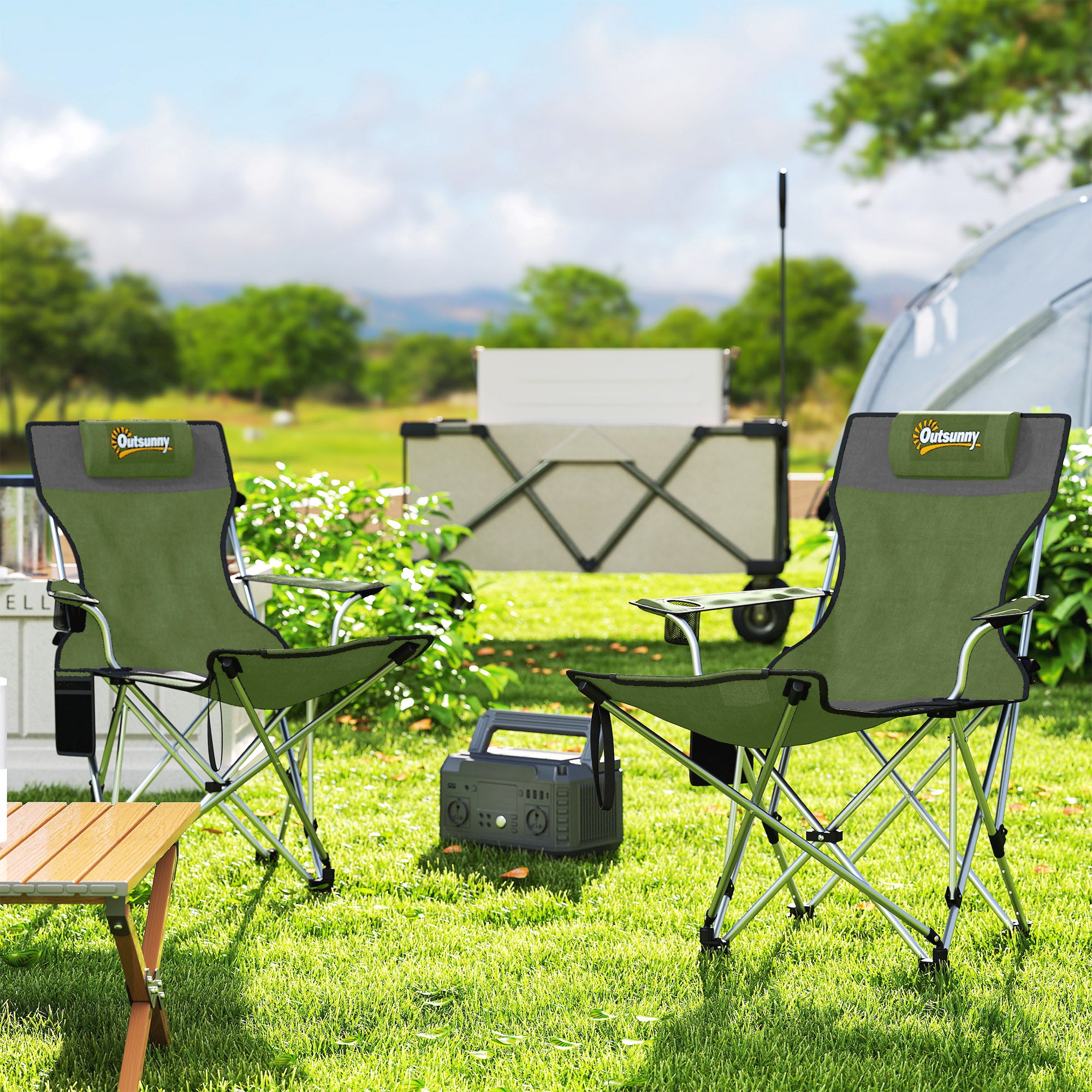 Set of 2 Reclining Folding Camping Chair w/ Detachable Footrest, Storage Bag, Cup Holder & Headrest, Lightweight Portable Camp Chair for Beach, Picnic, Olive Green and Grey