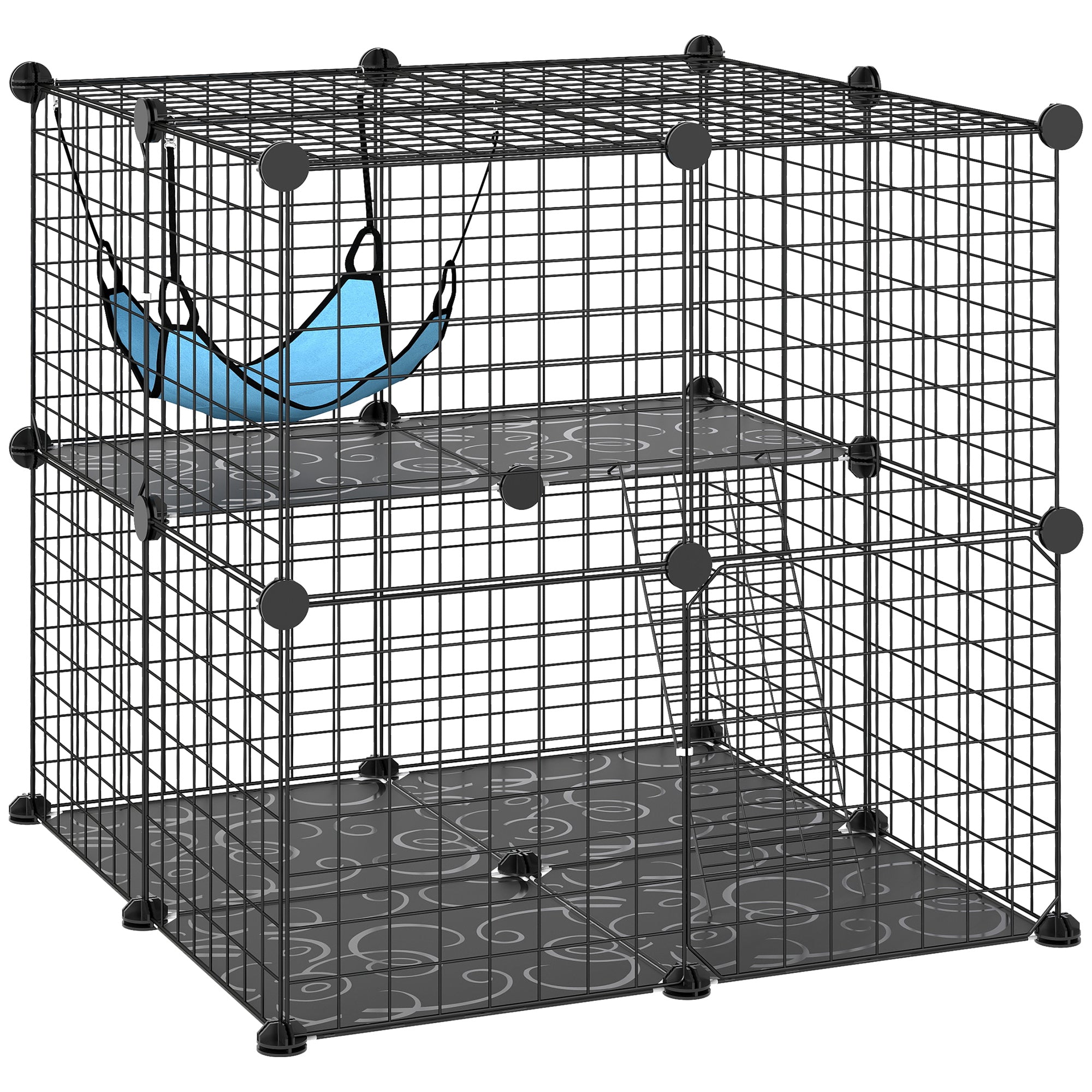 Indoor Cat Cage DIY Customizable 2-Tier Indoor Cat Enclosure with 2 Doors and Hammock 70 cm Black