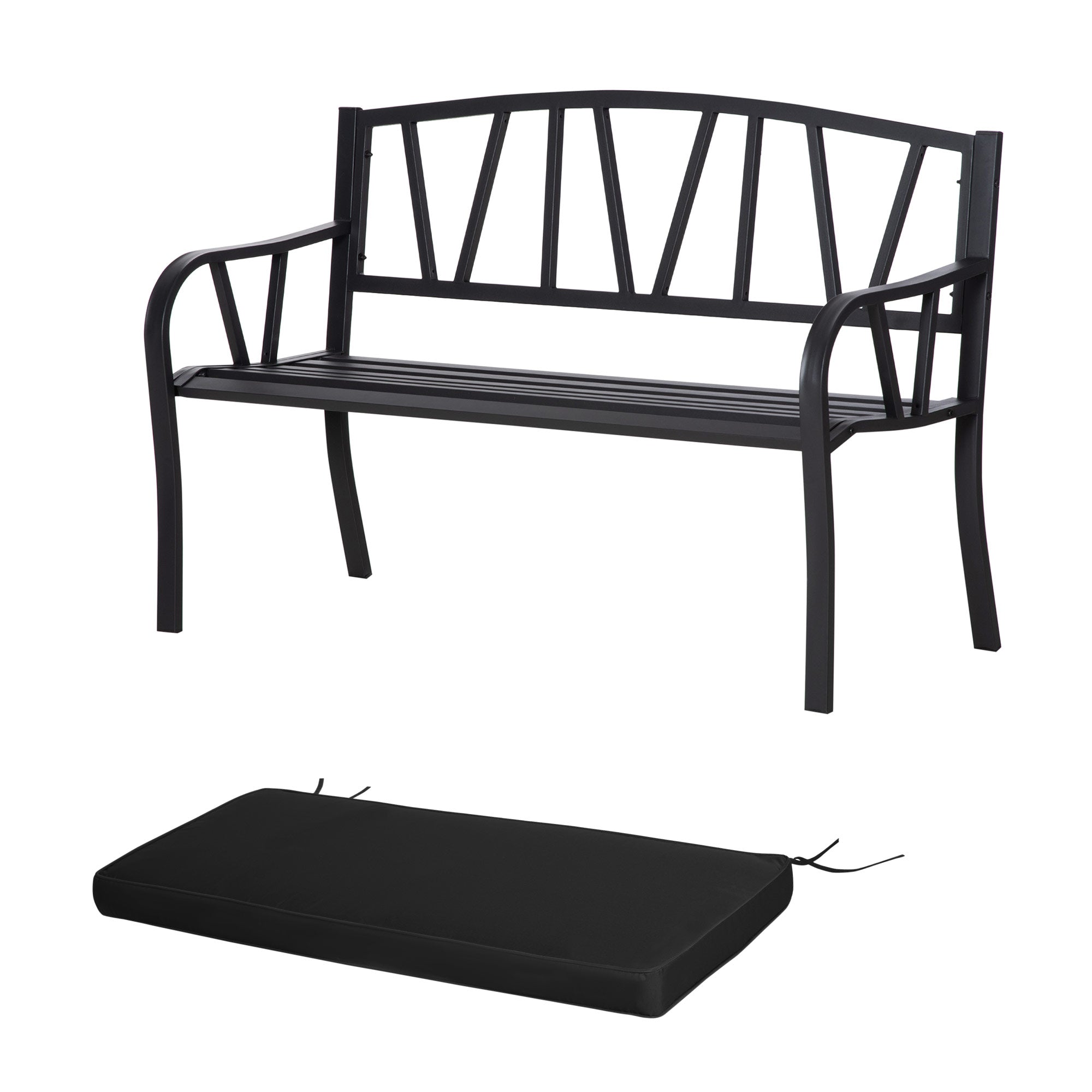 2-Seater Metal Garden Bench with Cushion and Decorative Backrest - Black
