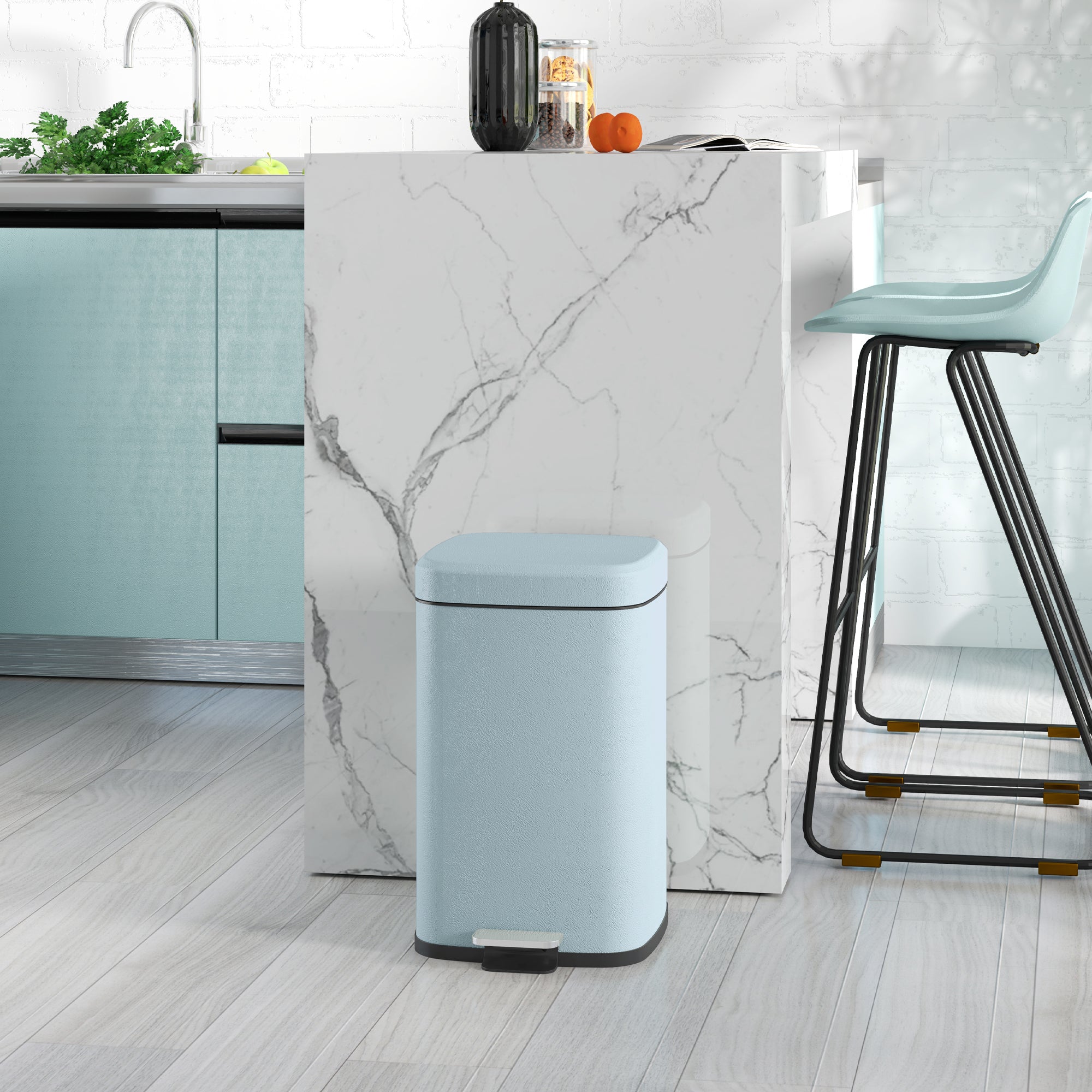 Modern 20L Boxy Metal Kitchen Bin with Pedal - Light Green