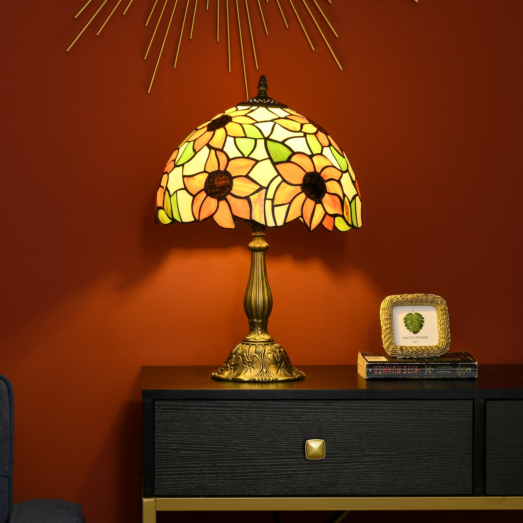 Handmade Stained Glass Table Lamp with Sunflower Design for Bedroom and Living Room - Orange