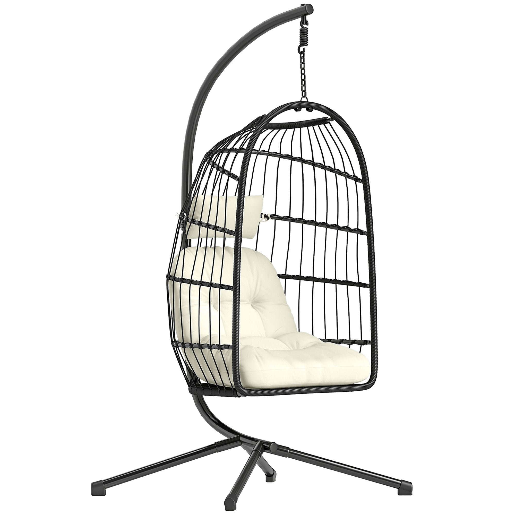 Hanging Egg Chair, Indoor Outdoor Hammock Swing Chair with Stand, Safety Strap, Foldable Basket, Black/Cream White
