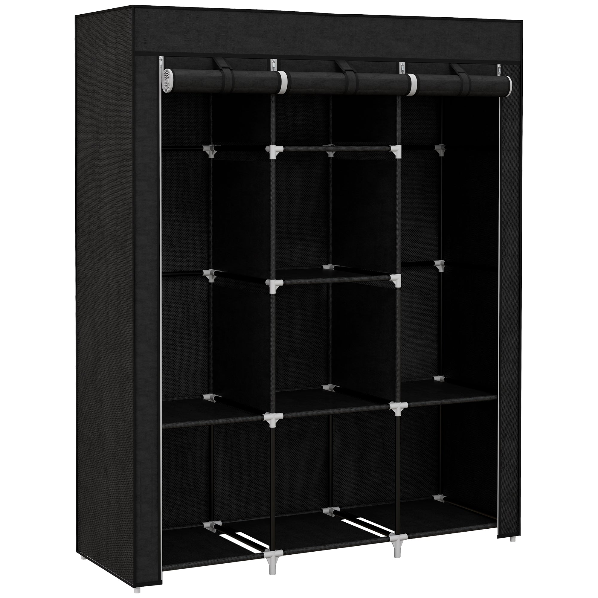 Fabric Wardrobe with Two Rails and Eight Shelves - Black