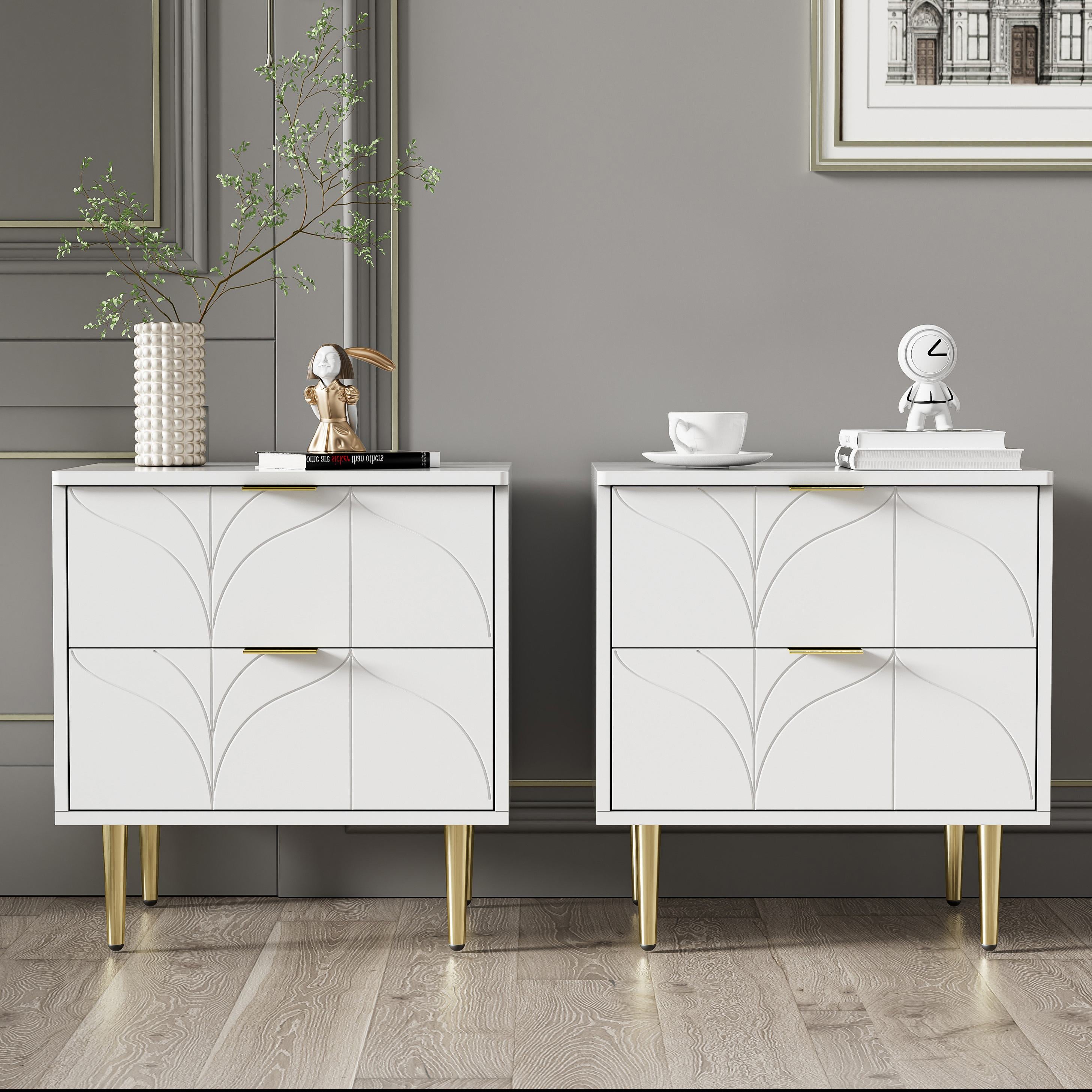 Set of 2 Modern Bedside Tables with 2 Drawers, Floral Pattern and Gold-Plated Accents, Anti-Bump Design, 50L x 40W x 54H cm, White