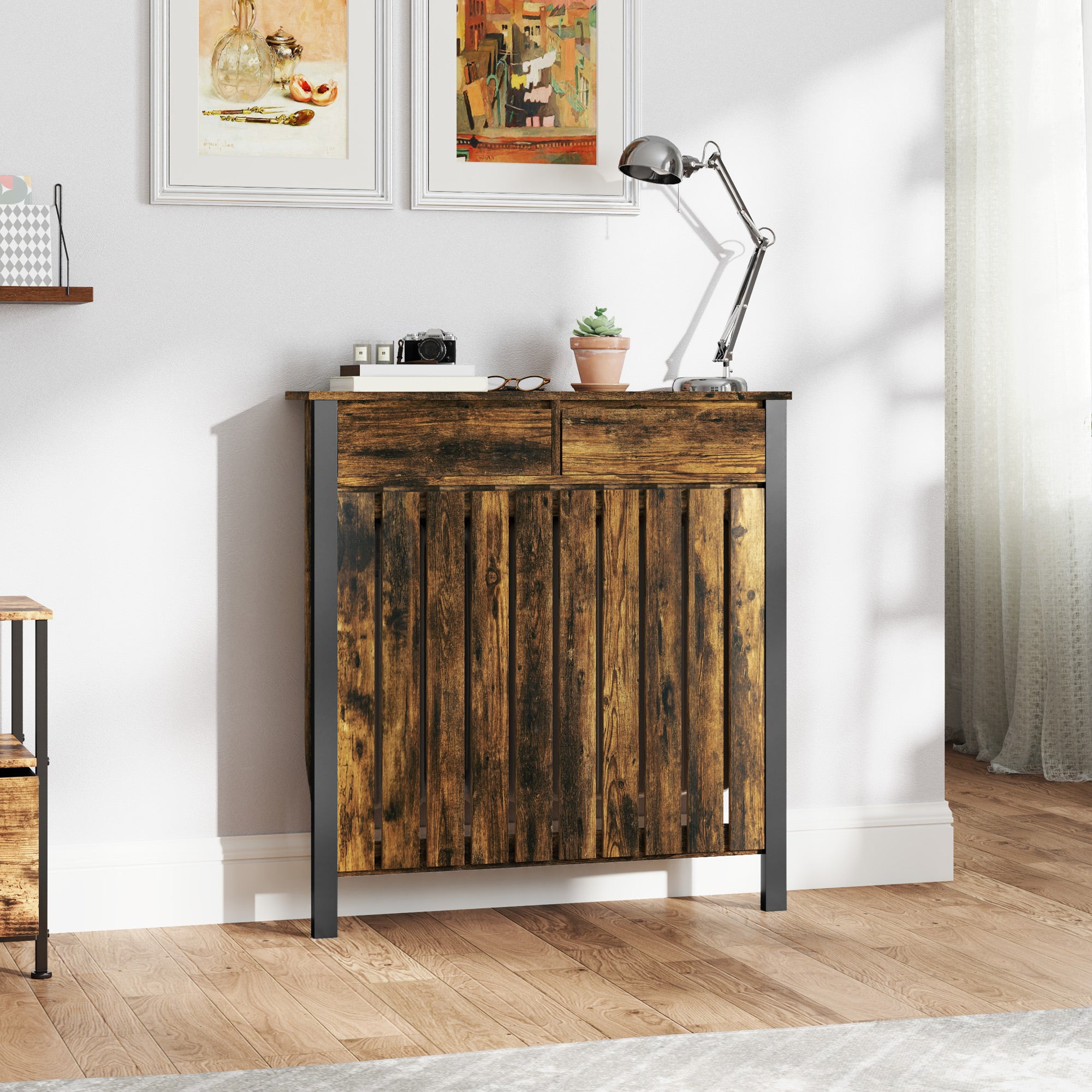 Rustic-Look Radiator Cover 93 x 88.5cm with Drawer - Brown/Black