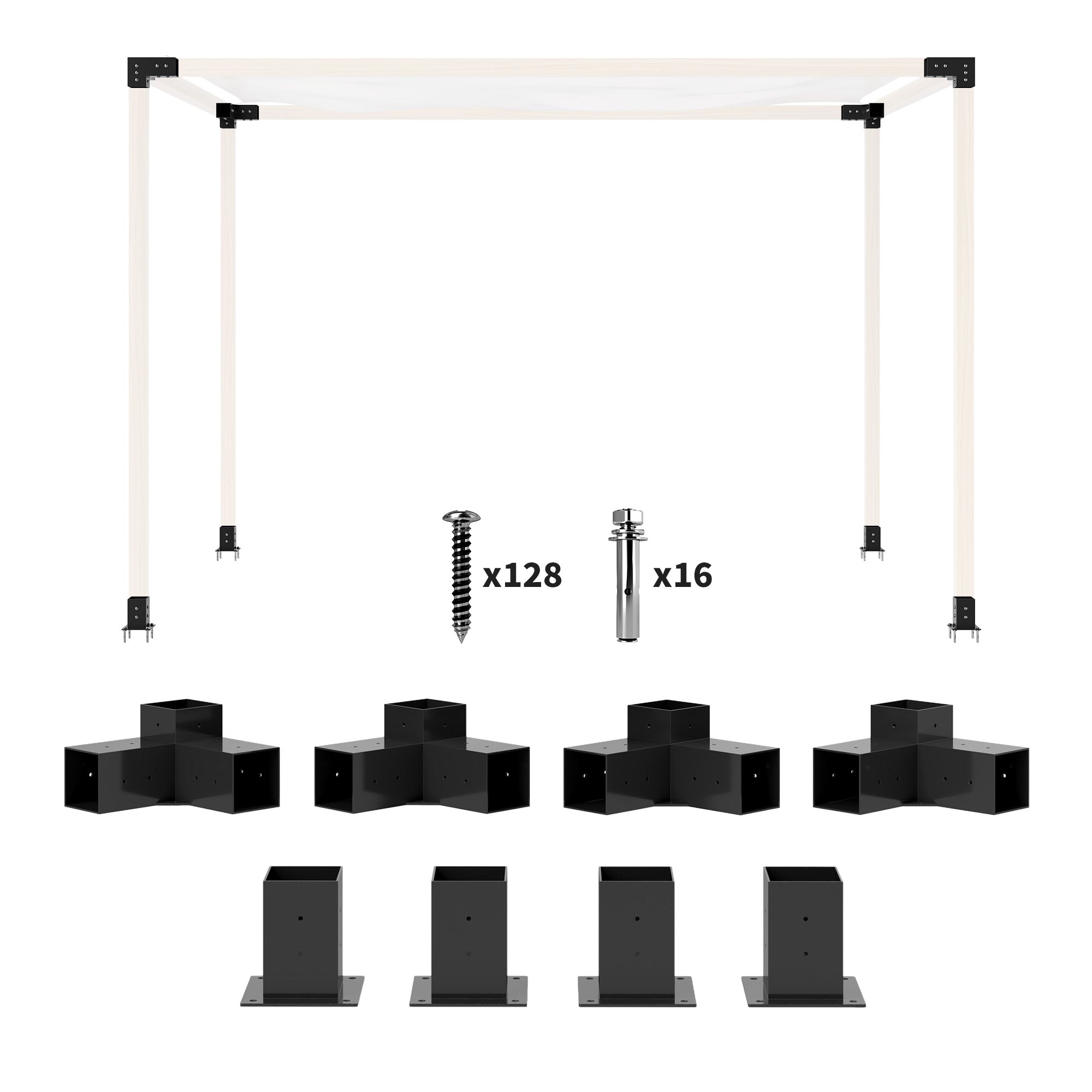 DIY Pergola Kit with 3-Way Corner Brackets & Post Bases for 4x4 Lumber - Black