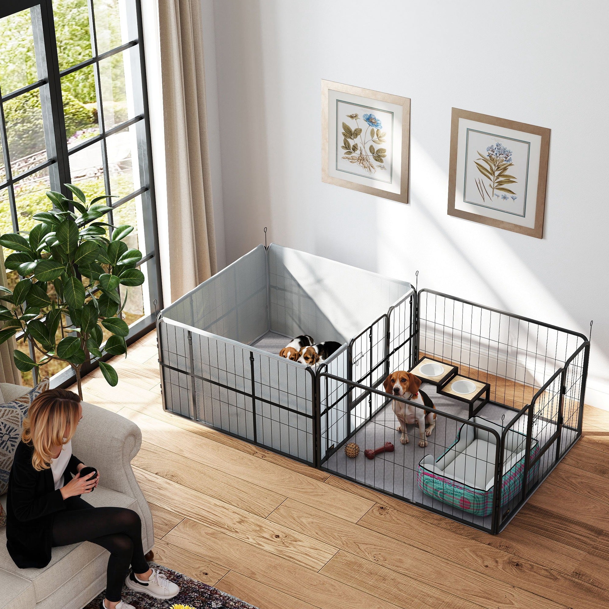 7 Panel Dog Whelping Box, Dog Playpen with Washable Whelping Pads, Windproof Fabric, for Small and Medium Dogs