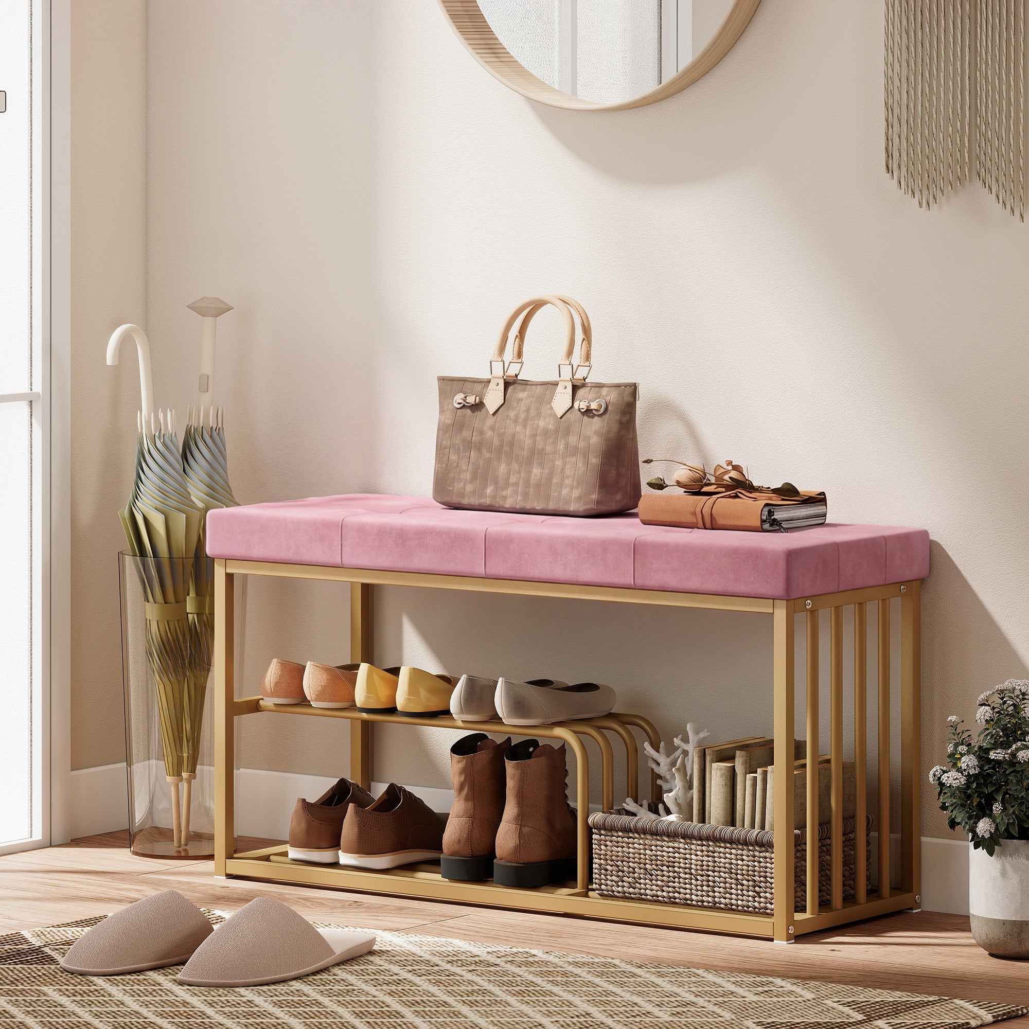 Bench and Shoe Storage, Tufted Shoe Storage Bench with Velvet Seat Cushion Gold Steel Frame for Entryway, Pink