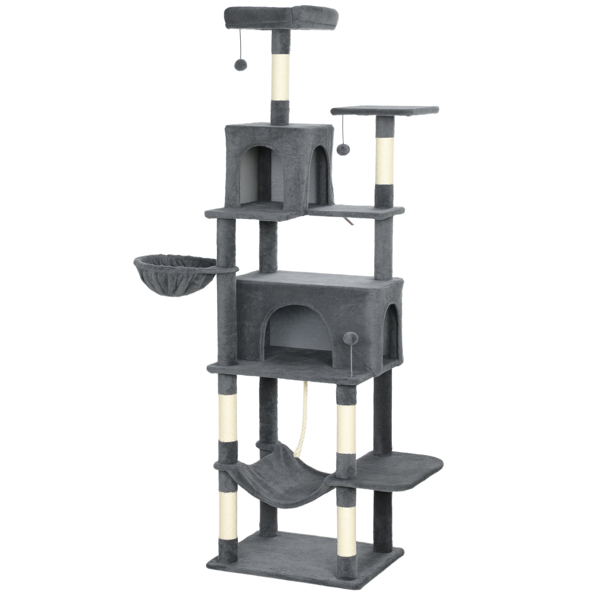 202cm Large Cat Tree with 6 Scratching Posts, 2 Hammocks, 2 Condos, 2 Perches, Pompoms, for Indoor Cats to Rest and Play