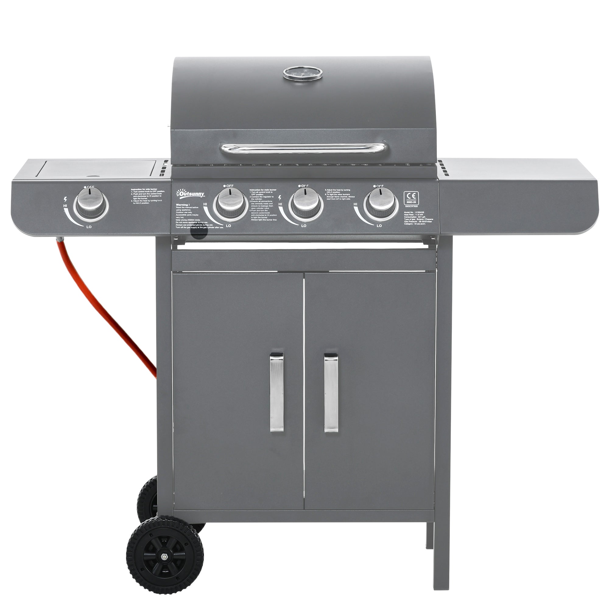 3+1 Burner Gas BBQ Grill Trolley with Wheels, Side Shelves, Cabinet & Thermometer - Grey