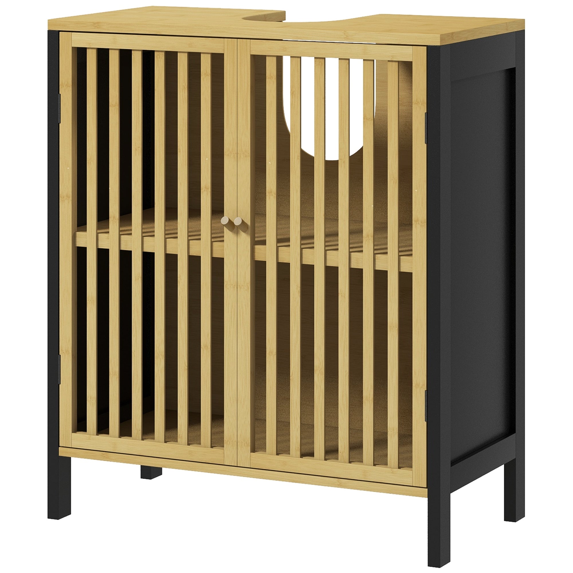Bamboo-Blend Retro Cut-Out Under Sink Cabinet with Adjustable Shelves - Black Natural